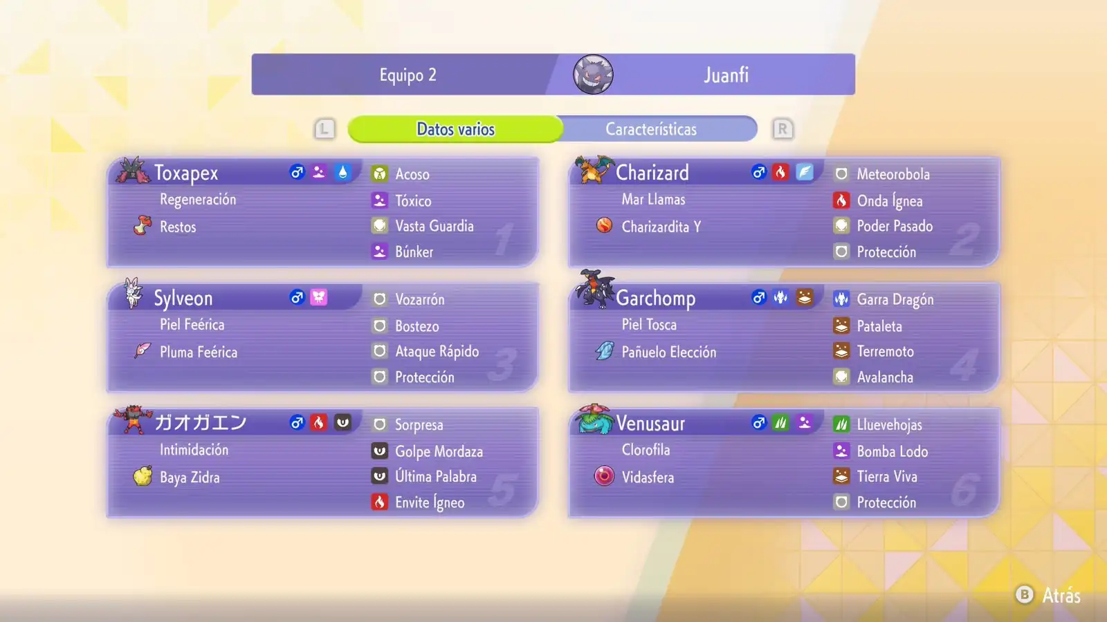 Equipo de Juanfi Salerno en Pokémon Champions con Toxapex, Charizard, Sylveon, Garchomp, Incineroar y Venusaur