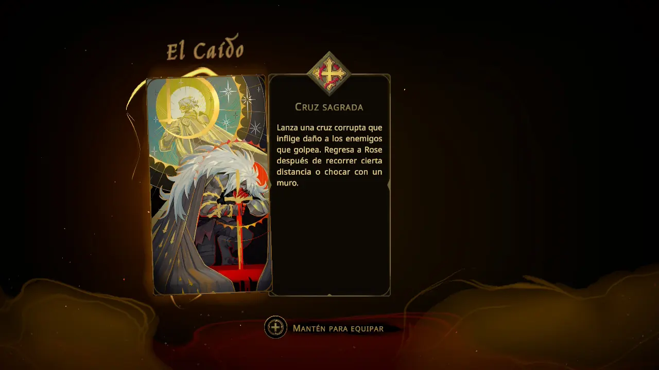 Carta de tarot de El Caído con la habilidad Cruz sagrada en el menú de Castlevania Belmont’s Curse
