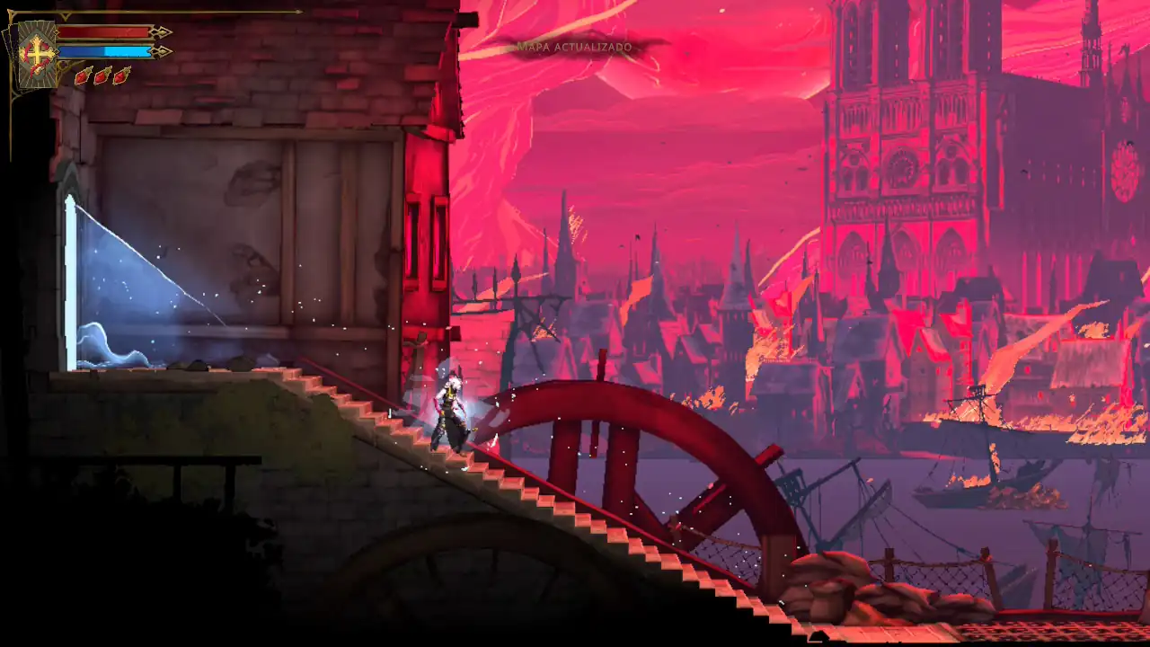 Rose Belmont sube una escalera junto a una rueda de molino, con París en llamas de fondo, en Castlevania Belmont’s Curse