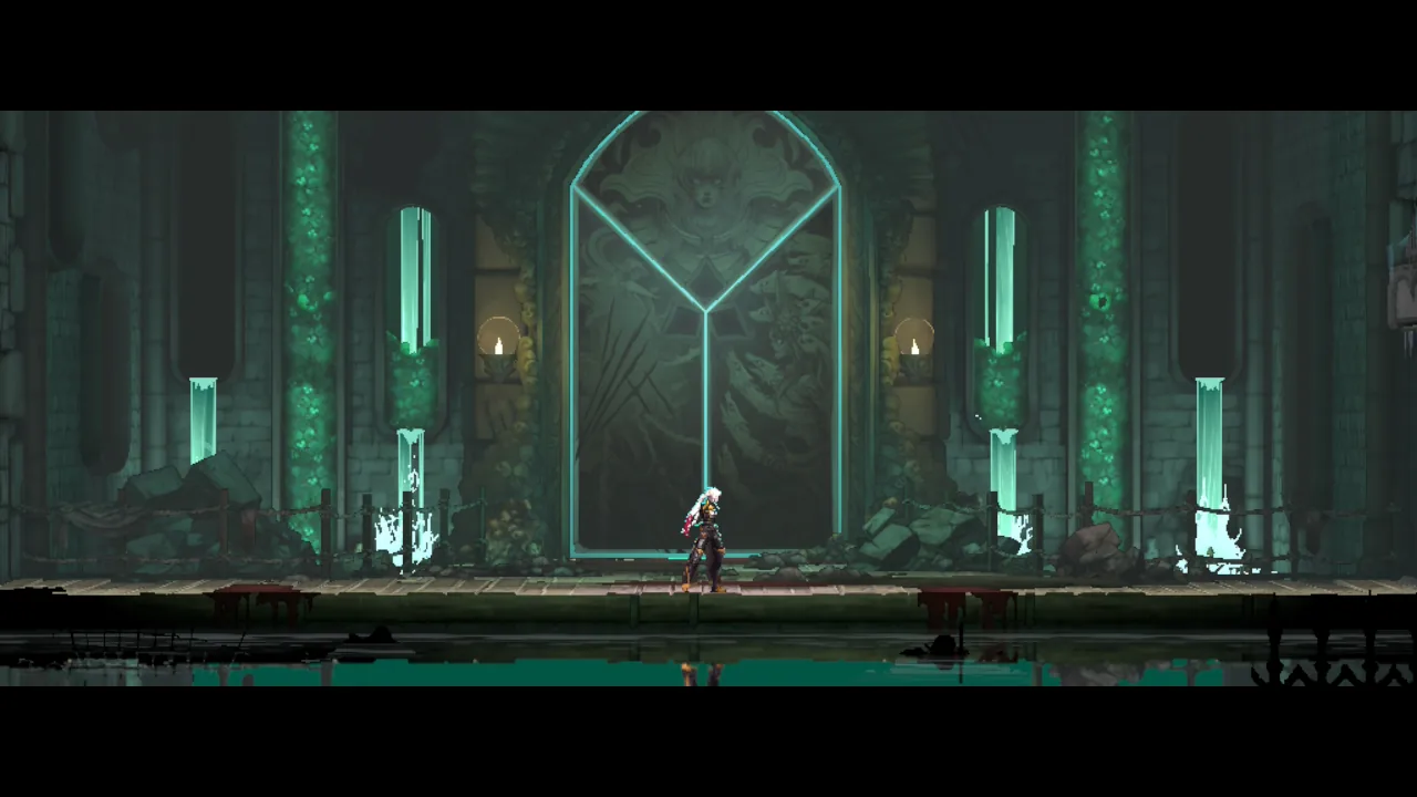 Rose Belmont frente a un portal gótico en un salón iluminado de verde en Castlevania Belmont’s Curse