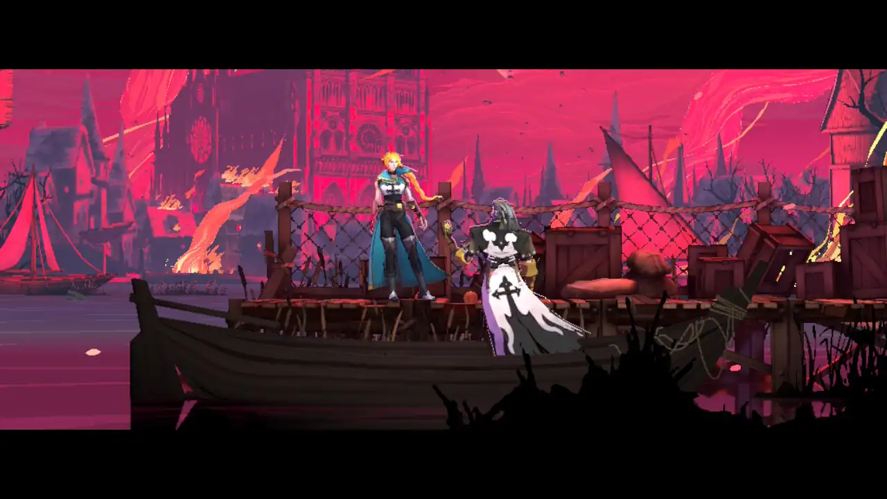 Rose Belmont junto a otro personaje sobre un barco, con París en llamas de fondo, en Castlevania Belmont’s Curse