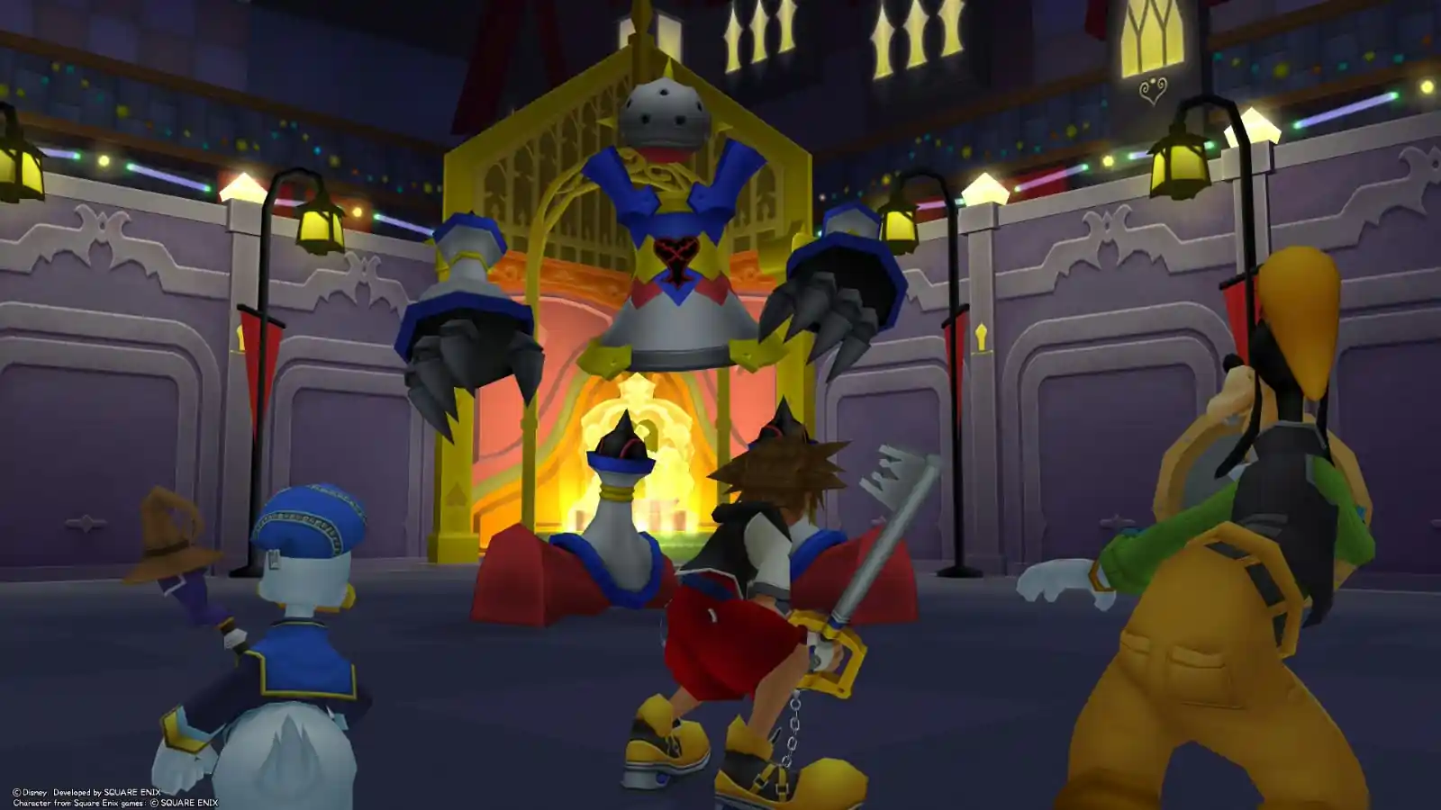 Sora, Donald y Goofy enfrentan a un jefe en el primer Kingdom Hearts, incluido en la colección para Switch 2