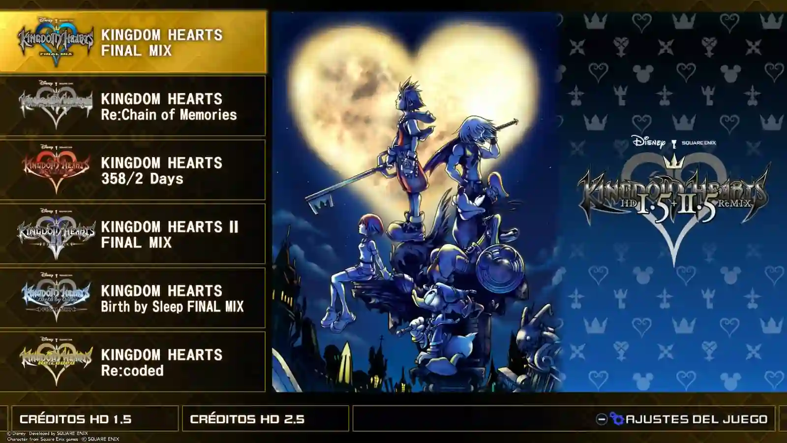 Menú de Kingdom Hearts HD 1.5+2.5 ReMIX en Switch 2 con sus seis títulos, de Final Mix a Re:coded