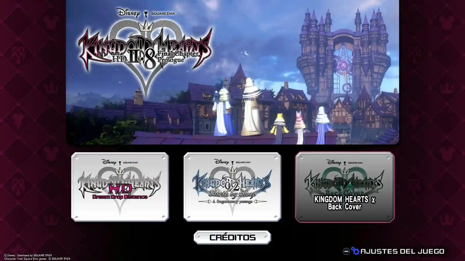 Menú de Kingdom Hearts HD 2.8 en Switch 2 con Dream Drop Distance, 0.2 Birth by Sleep y χ Back Cover