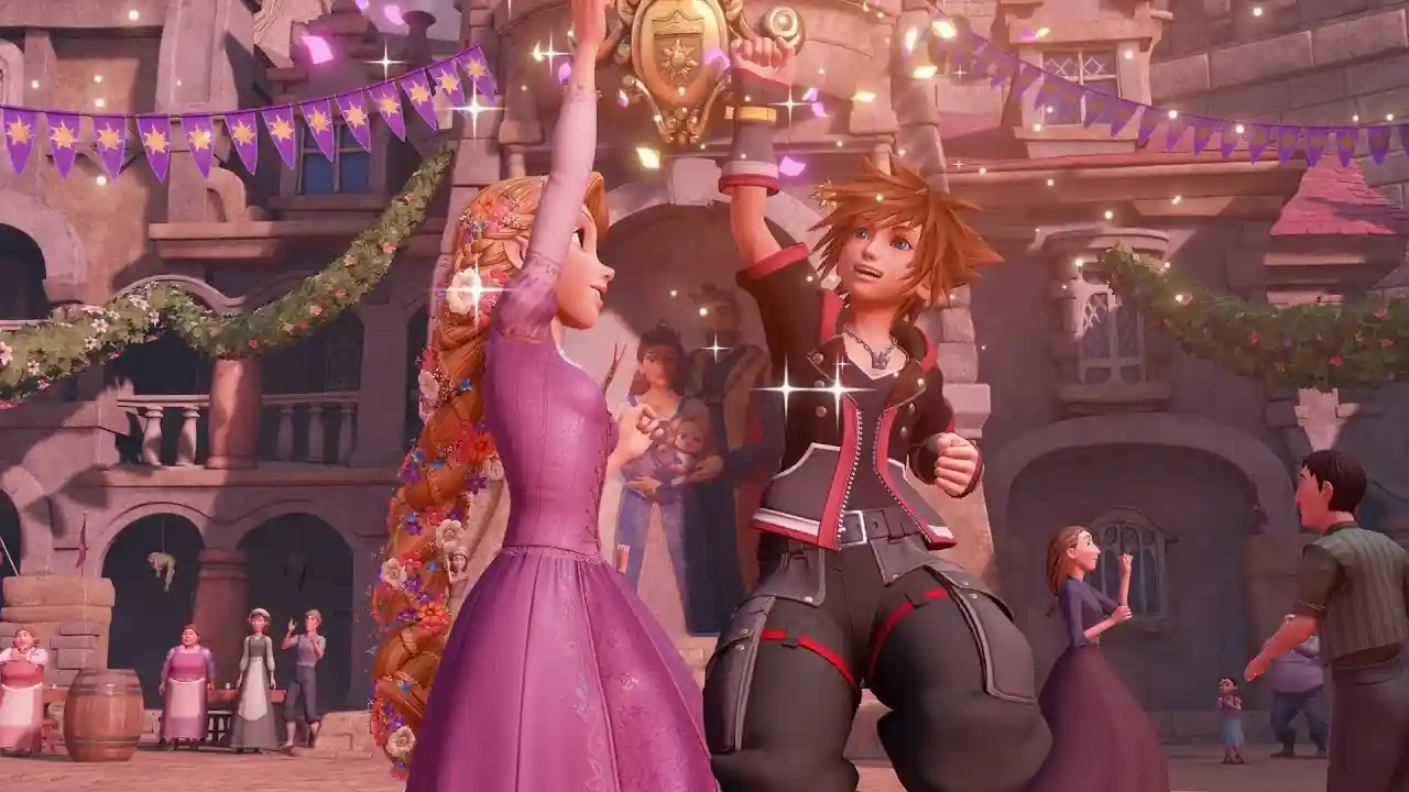 Sora y Rapunzel bailan en Kingdom Hearts III, dentro de Kingdom Hearts Collection [I～III]