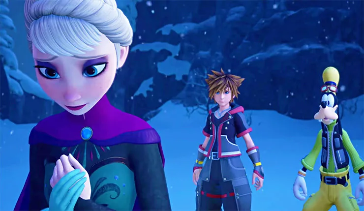 Elsa junto a Sora y Goofy en Kingdom Hearts III, uno de los juegos de Kingdom Hearts Collection [I～III]