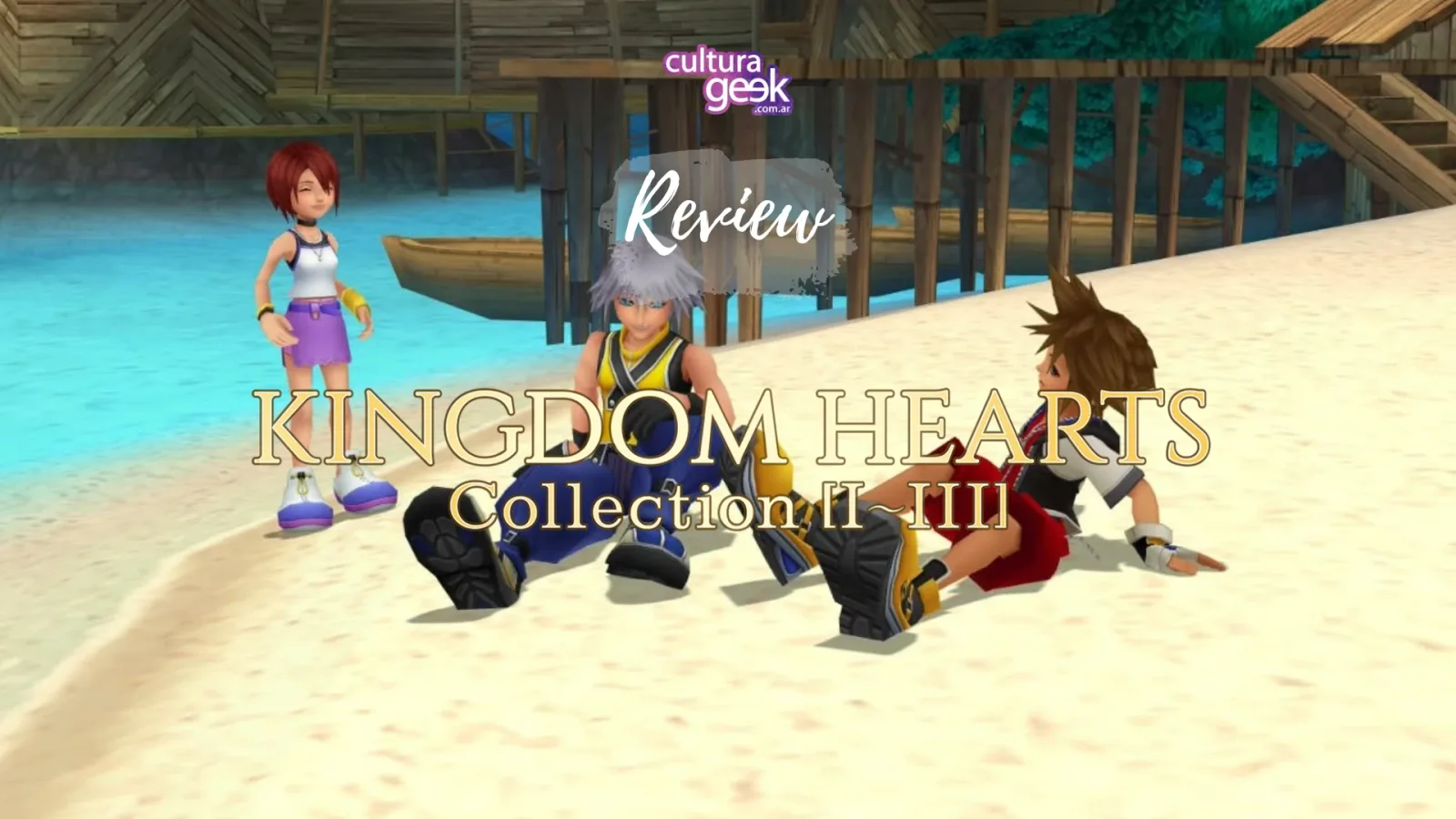 Portada de la review de Kingdom Hearts Collection [I～III] en Switch 2: Sora, Riku y Kairi en la playa