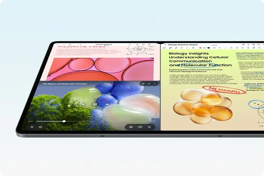 Galaxy Tab S12 con la pantalla dividida entre un video y apuntes de biología