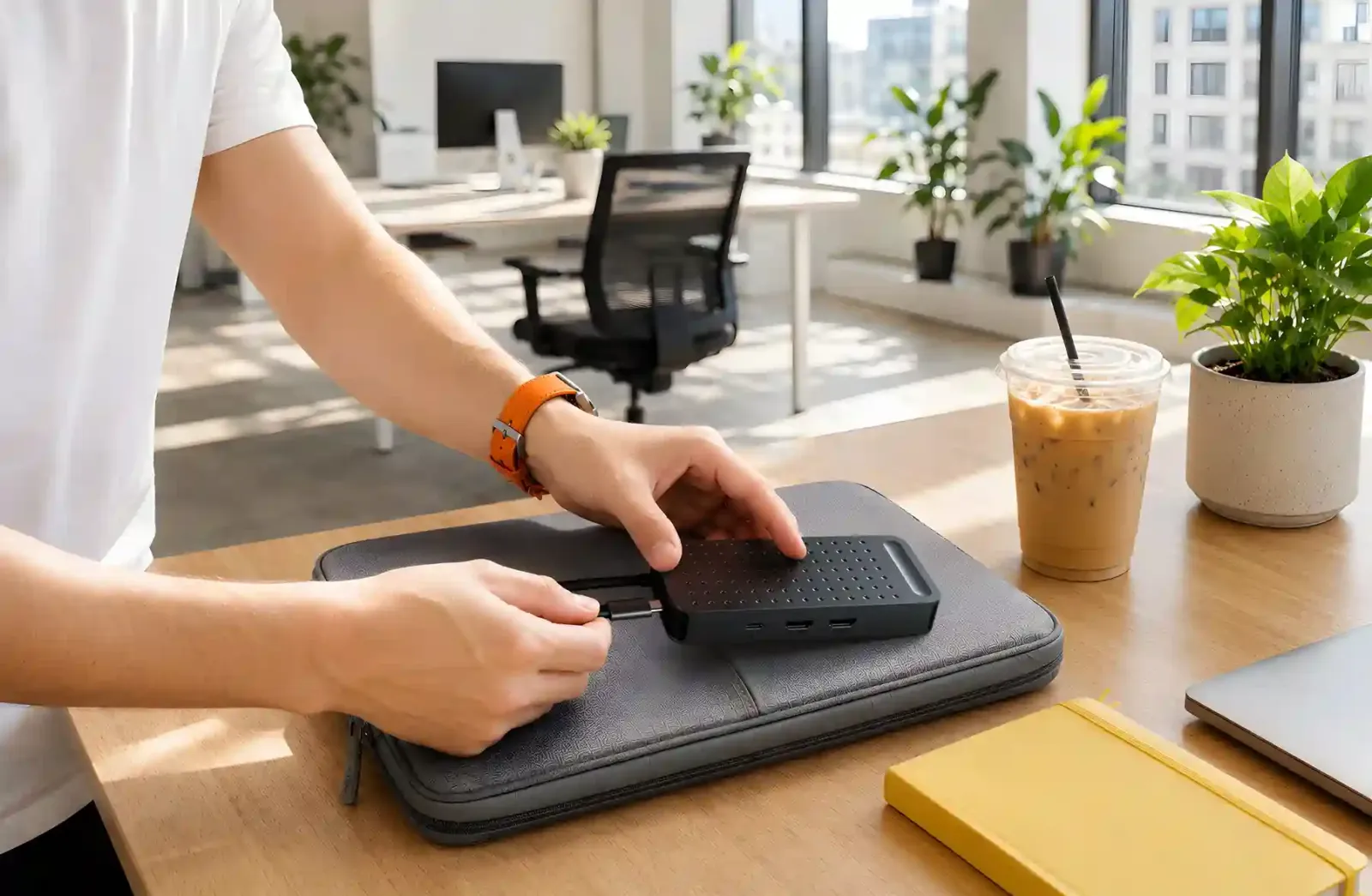 Una persona guarda el adaptador Satechi ExtendView, de aluminio negro, en el estuche de su notebook