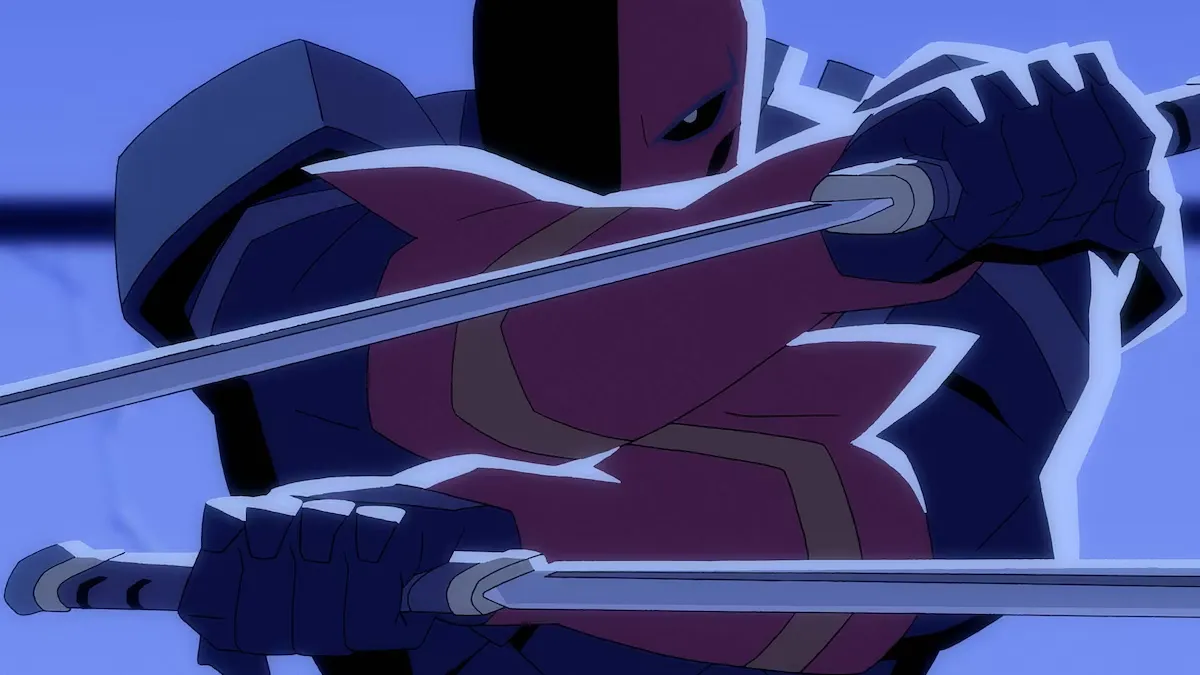Deathstroke con sus dos espadas en una animación de DC, uno de los villanos de la película de Bane y Deathstroke