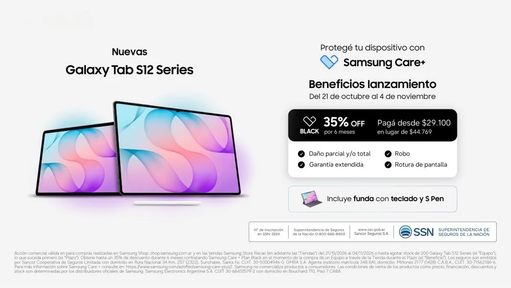 Placa oficial de Samsung con el 35% de descuento en el Plan Black de Samsung Care+ para la Galaxy Tab S12 Series
