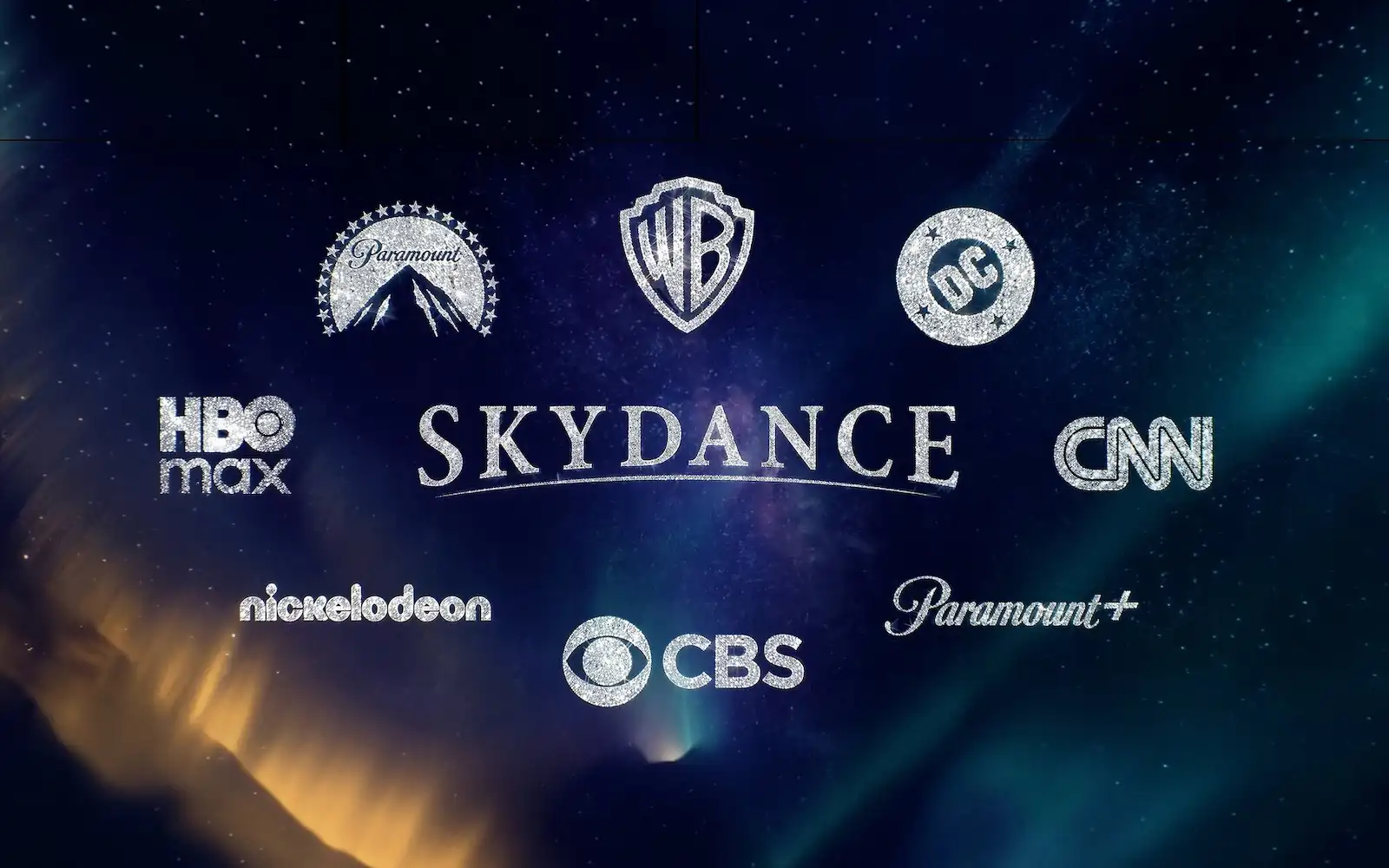 Logo de Skydance rodeado por las marcas Paramount, Warner Bros., DC, HBO Max, CNN, Nickelodeon, CBS y Paramount+