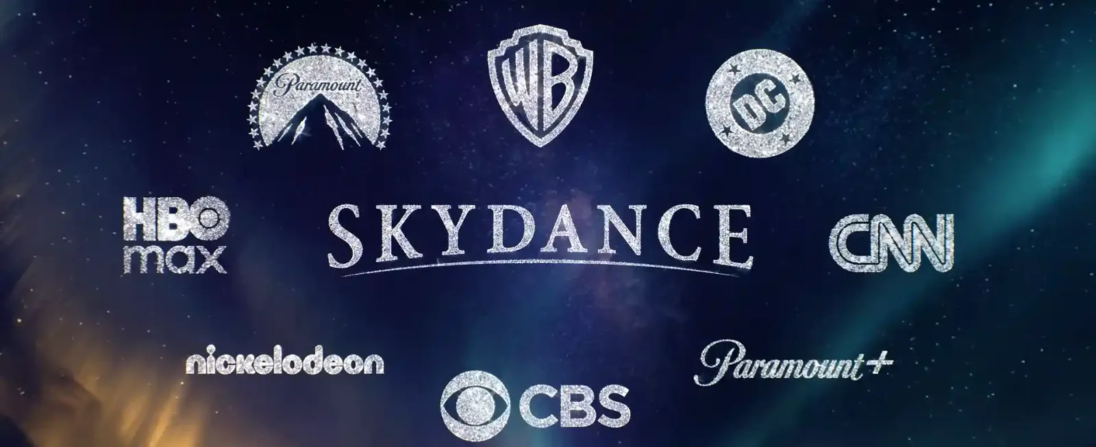 Logo de Skydance rodeado por las marcas de Paramount, Warner Bros., DC, HBO Max, CNN y CBS tras la fusión