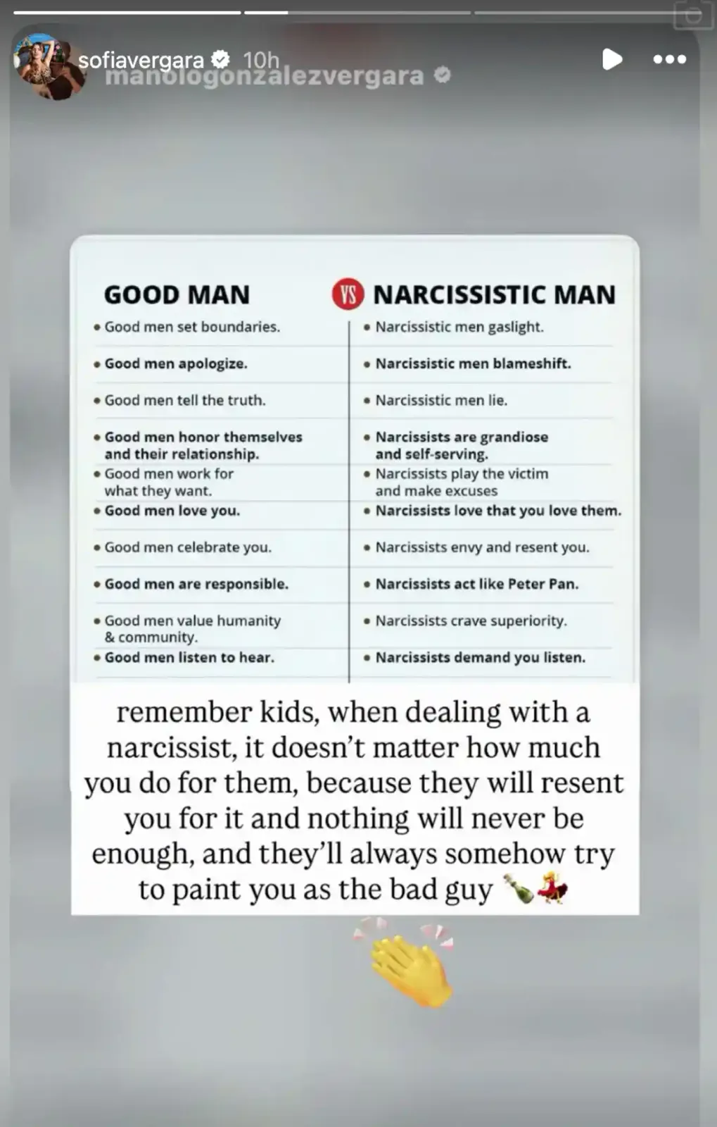 Historia de Instagram de Sofía Vergara sobre las diferencias entre un buen hombre y un hombre narcisista