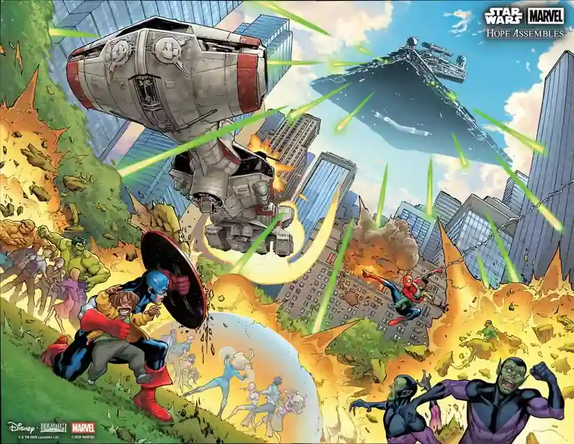 Un Destructor Estelar persigue a la Tantive IV entre rascacielos mientras Capitán América y Spider-Man defienden la ciudad, en Star Wars / Marvel: Hope Assembles
