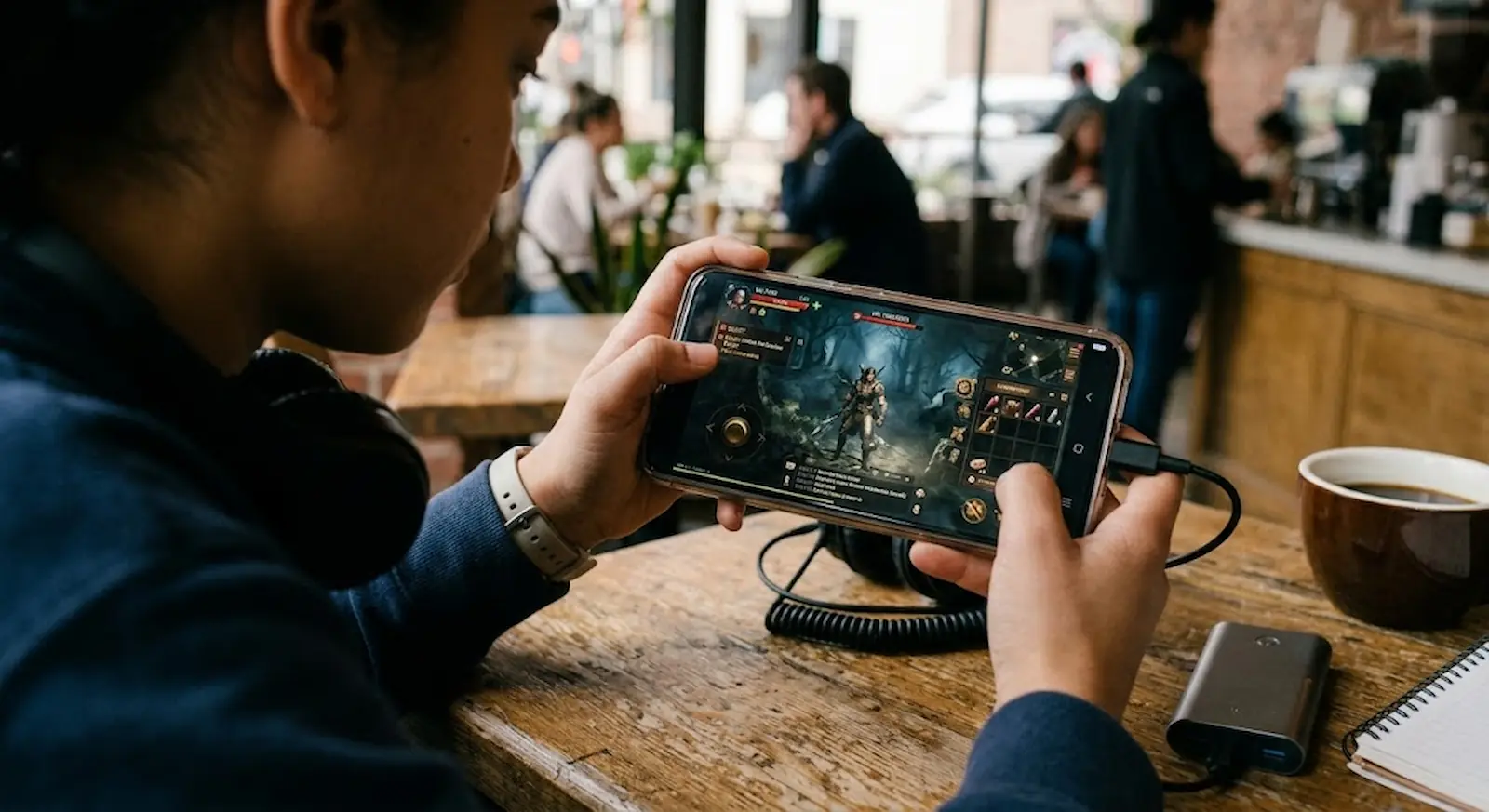 Jugar Steam en Android: una persona con un juego de PC en el celular, en horizontal