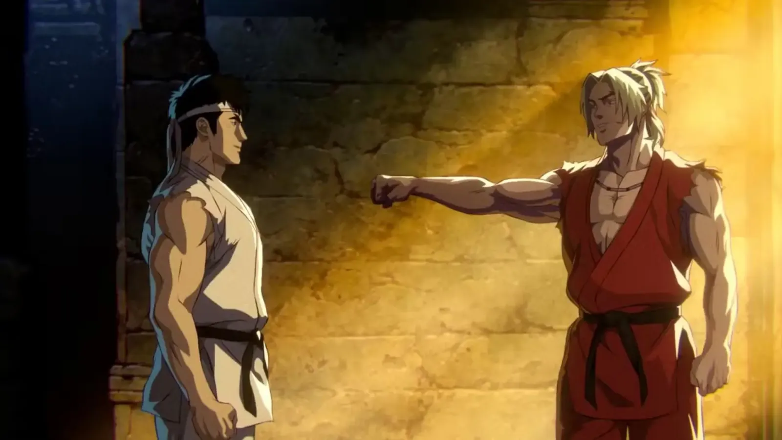 Ken y Ryu en uno de los flashbacks con estilo anime que aparecen en la película de Street Fighter