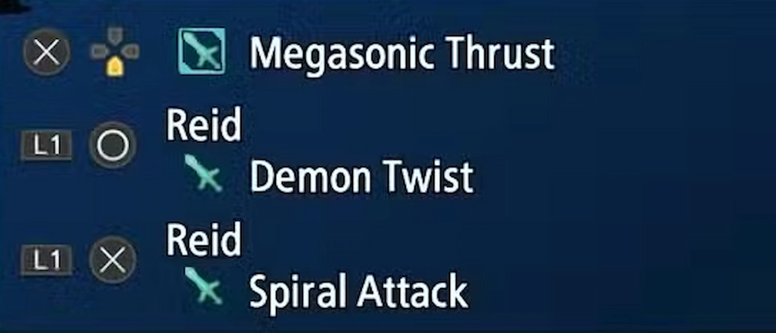 Menú de atajos de Artes de Reid en Tales of Eternia Remastered con Megasonic Thrust, Demon Twist y Spiral Attack