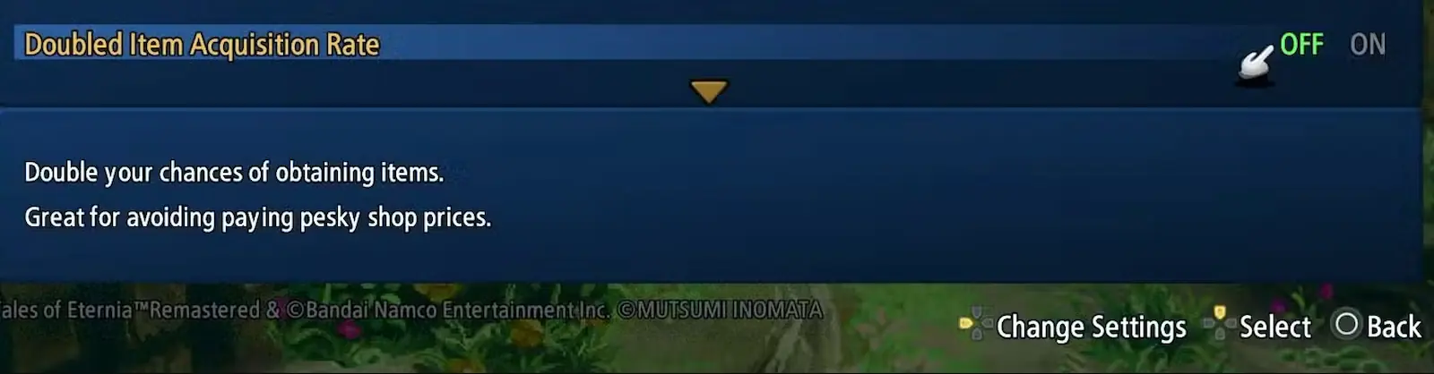 Opción Doubled Item Acquisition Rate en el menú de ajustes de Tales of Eternia Remastered, que duplica la obtención de ítems