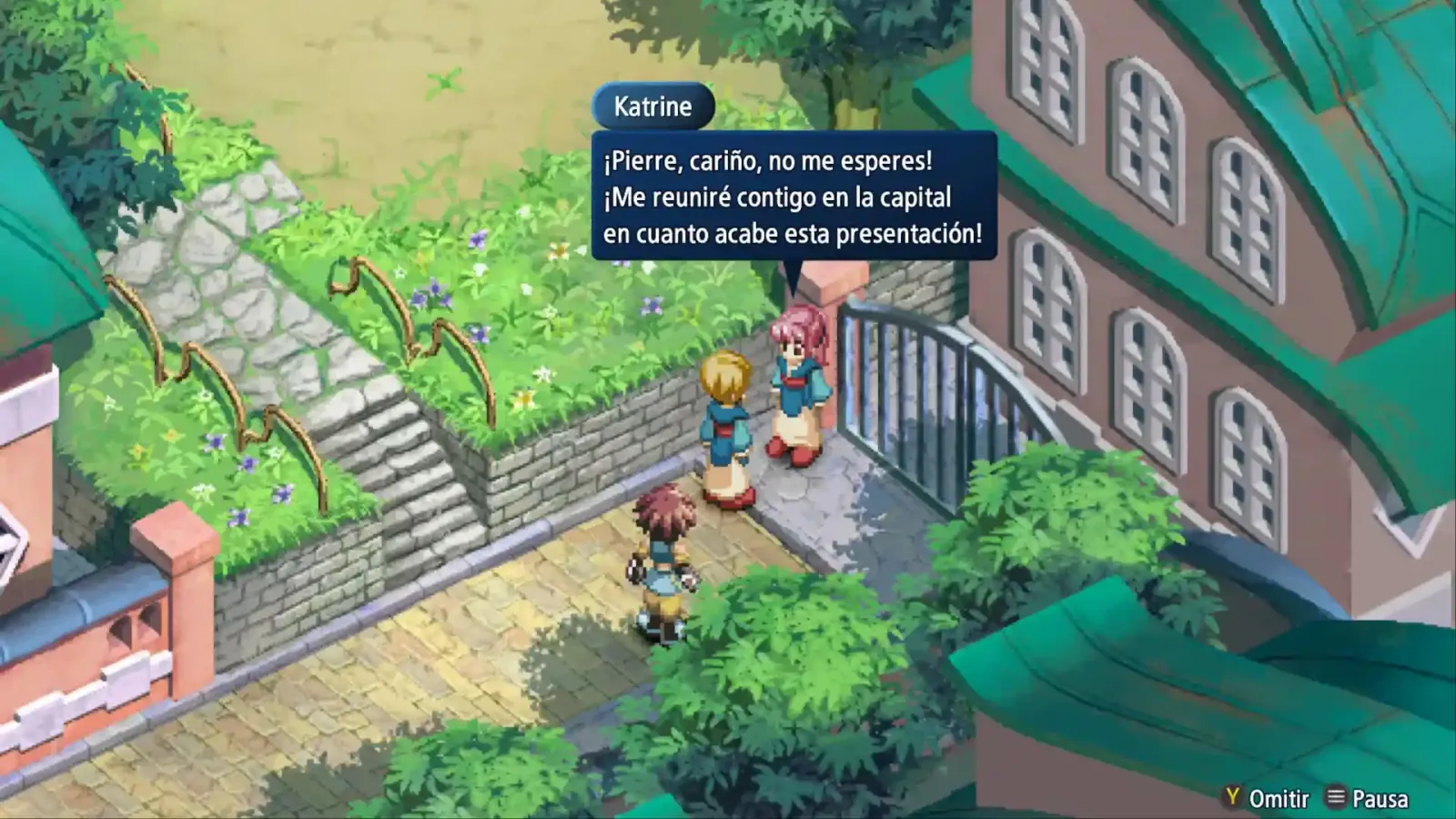 Diálogo de Katrine frente a un portón en un pueblo de Tales of Eternia Remastered