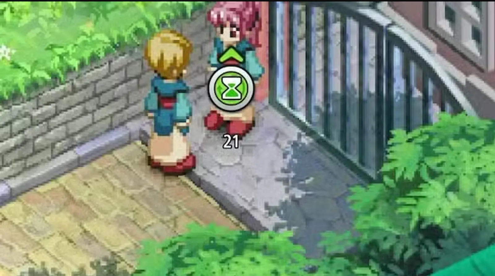 Ícono de reloj de arena verde sobre un personaje en Tales of Eternia Remastered, que marca un evento por tiempo limitado
