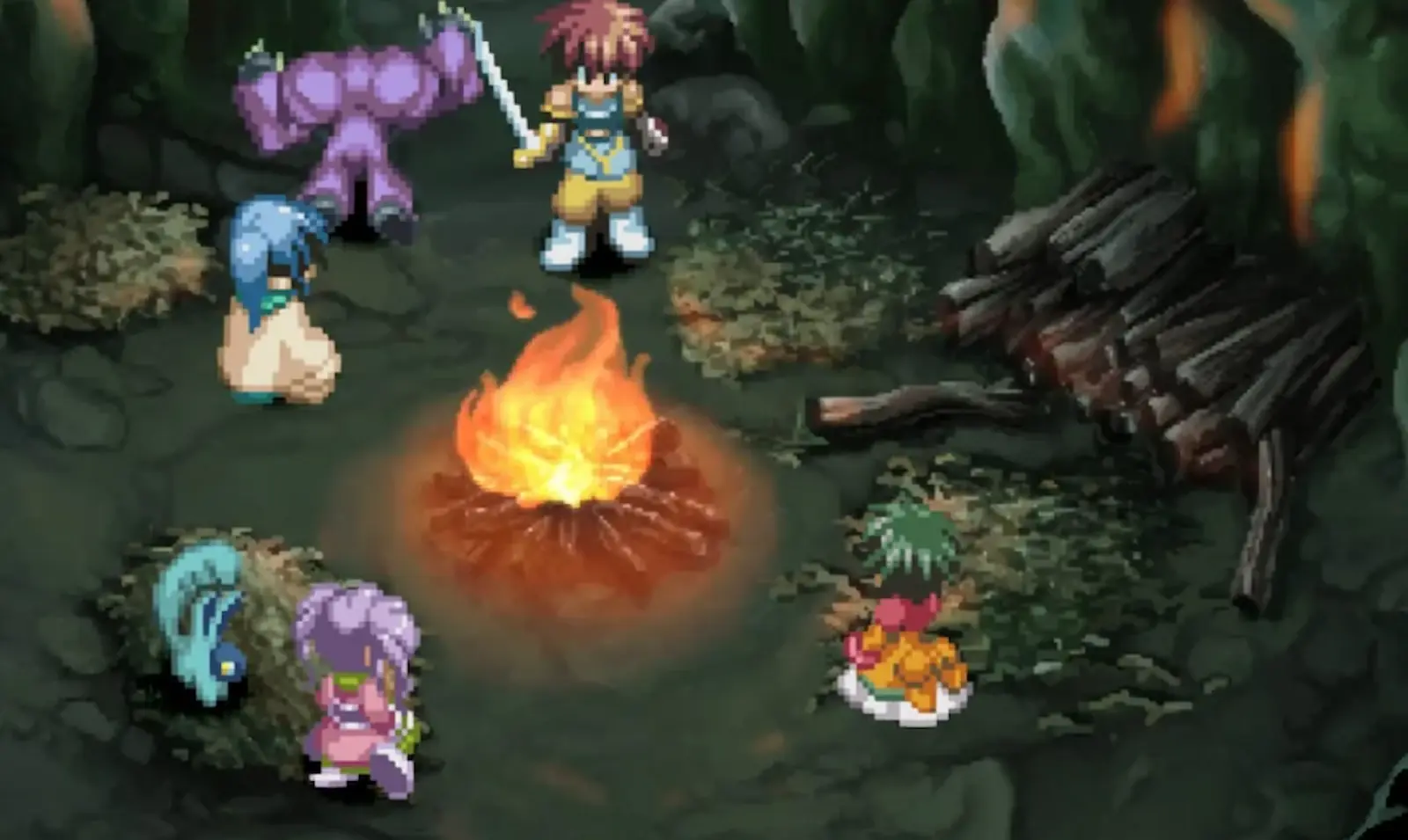 El grupo acampa alrededor de una fogata en el mapa de Tales of Eternia Remastered