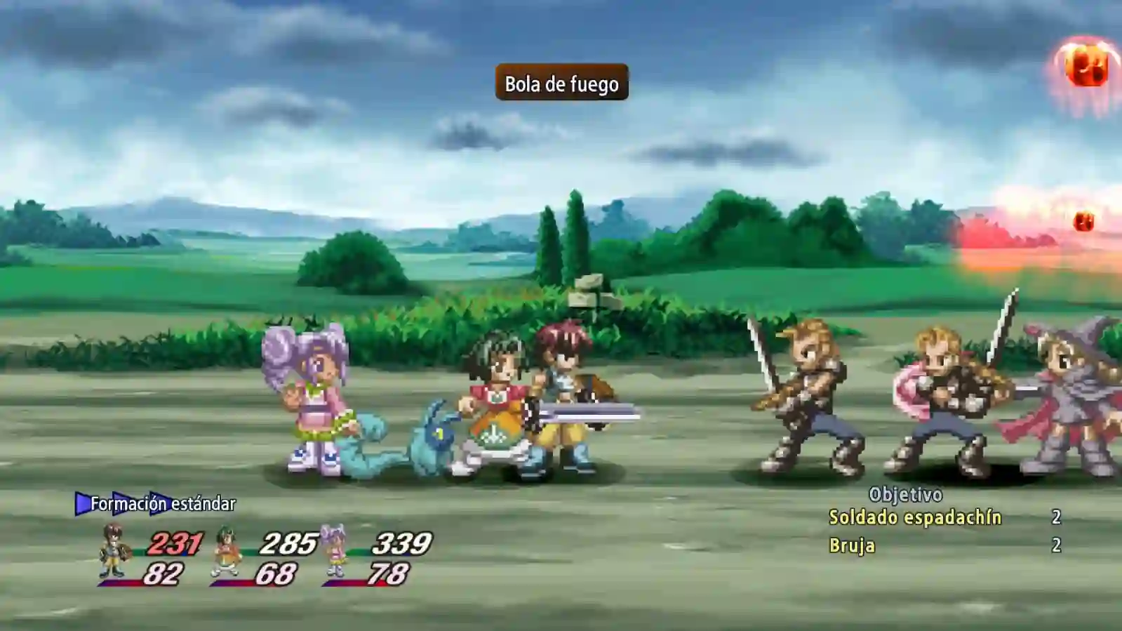 Combate en 2D contra dos soldados espadachines y una bruja en Tales of Eternia Remastered