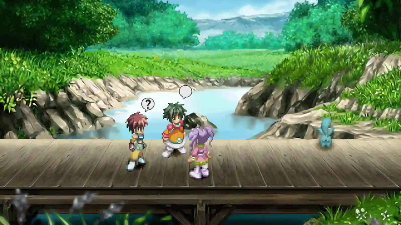 Reid, Farah y Meredy junto a Quickie en un puente de Tales of Eternia Remastered