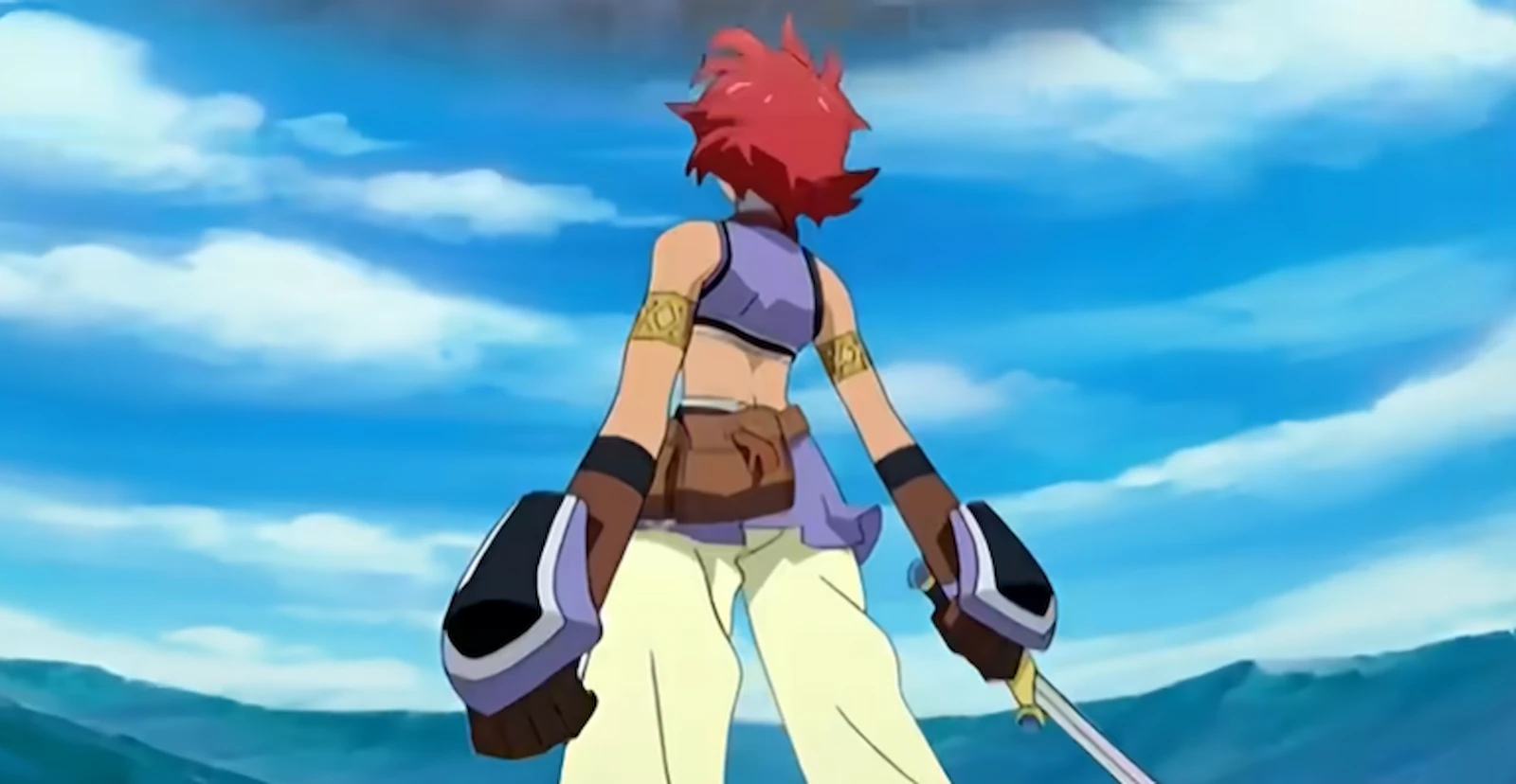 Reid de espaldas, con su espada, mirando el horizonte en una escena animada de Tales of Eternia Remastered