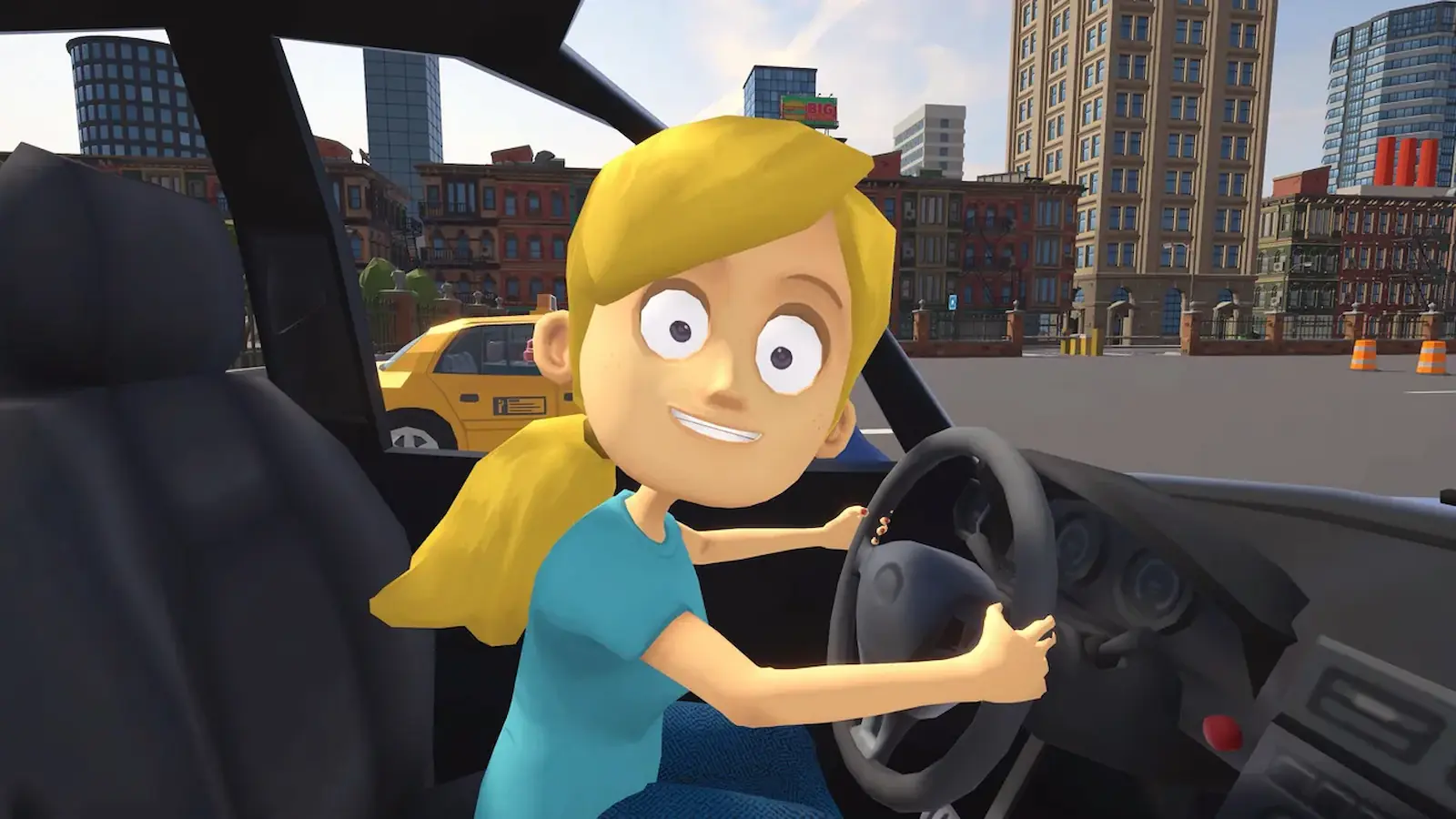 Captura de Teach My Little Sister How To Drive: la hermana menor sonríe al volante en una playa de estacionamiento