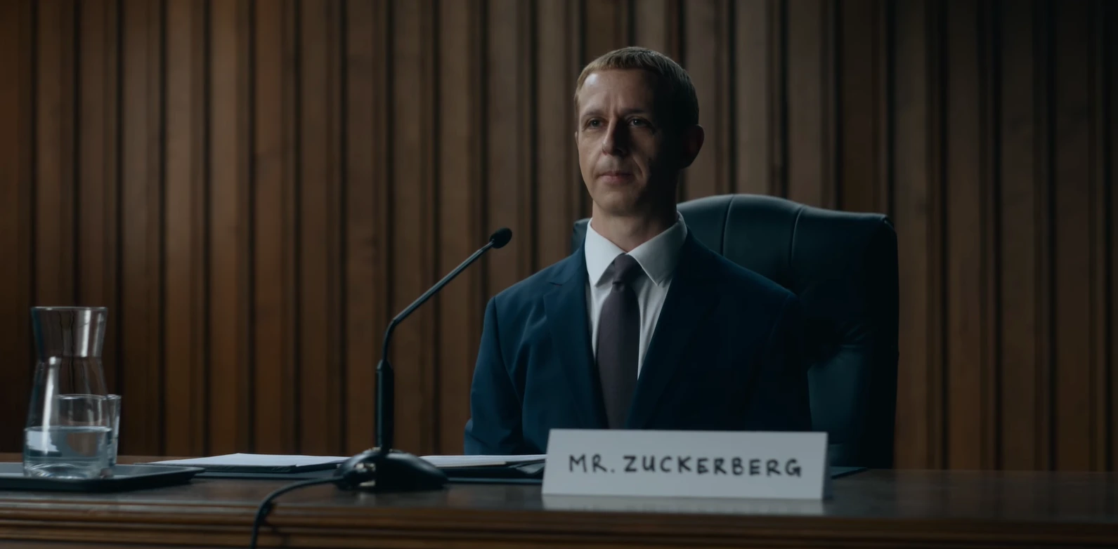 Jeremy Strong como Mark Zuckerberg sentado frente a un micrófono en una audiencia en The Social Reckoning