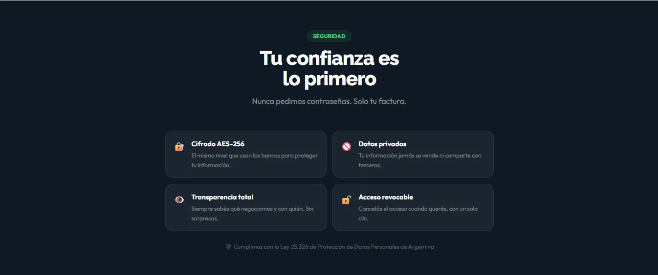 Sección de seguridad de la web de TuMango: cifrado AES-256, datos privados y acceso revocable