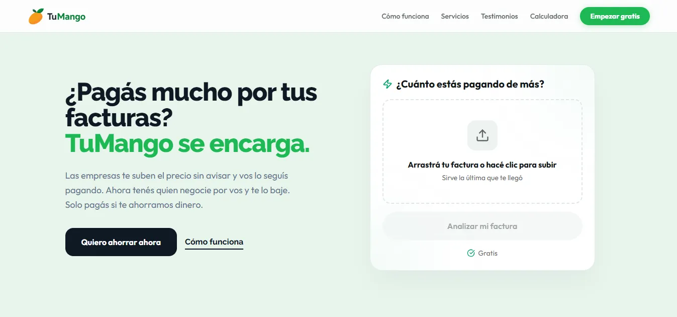 Página de inicio de TuMango, la plataforma argentina que negocia descuentos en facturas de internet, TV y celular