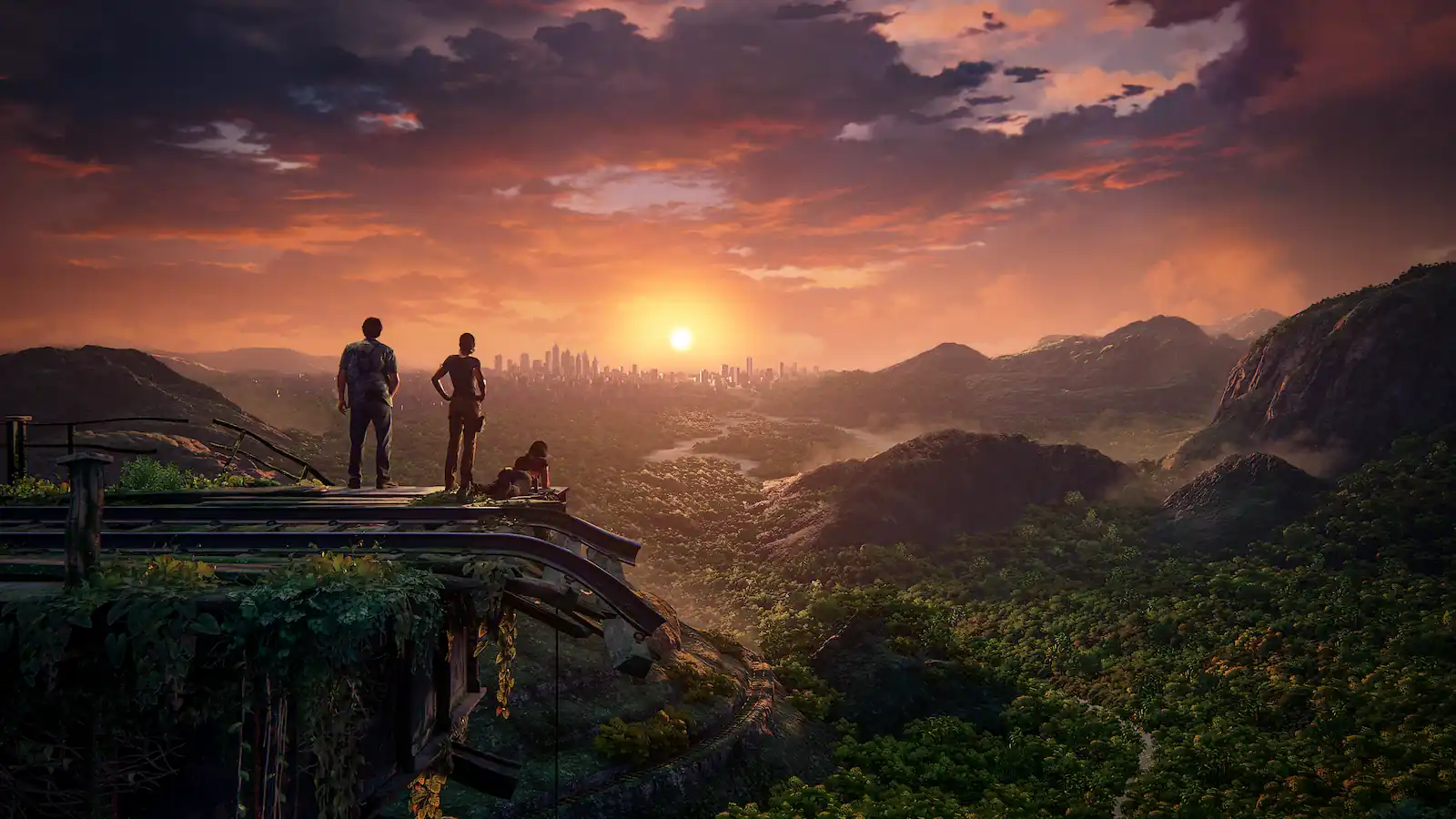 Escena de Uncharted: The Lost Legacy, el juego de Shaun Escayg: los protagonistas frente a un paisaje de selva al atardecer