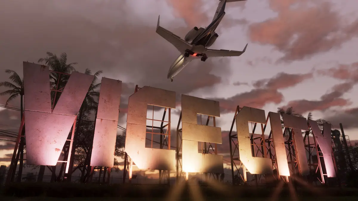 El cartel de Vice City en GTA 6, con un avión que pasa por arriba