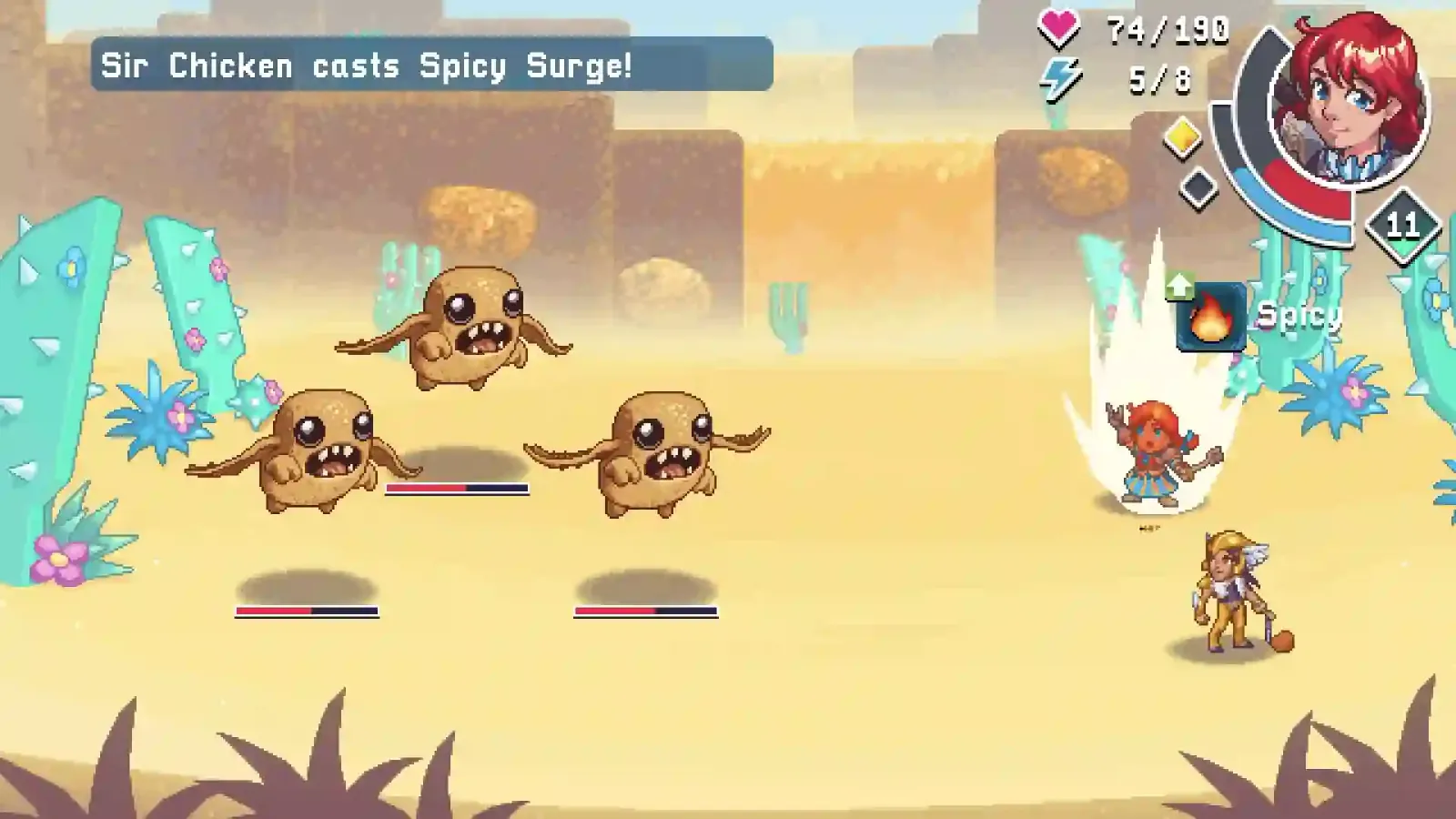 Sir Chicken lanza un ataque picante en un combate por turnos de WendyQuest