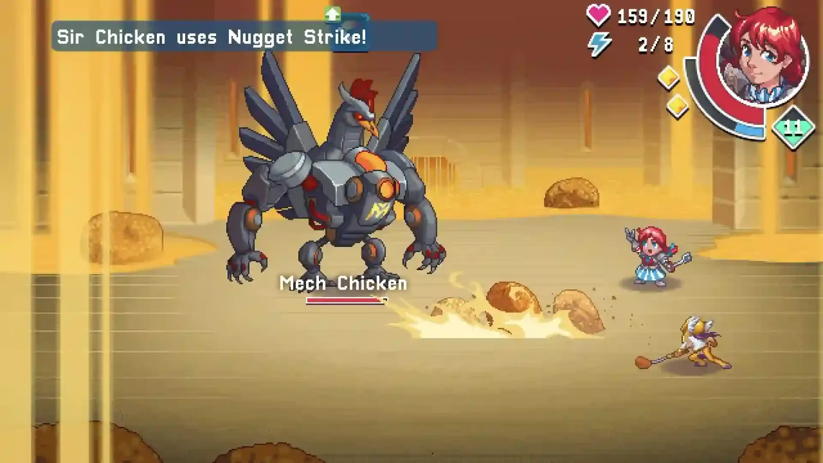 Wendy y Sir Chicken pelean contra el Mech Chicken en WendyQuest, el RPG de Wendy's