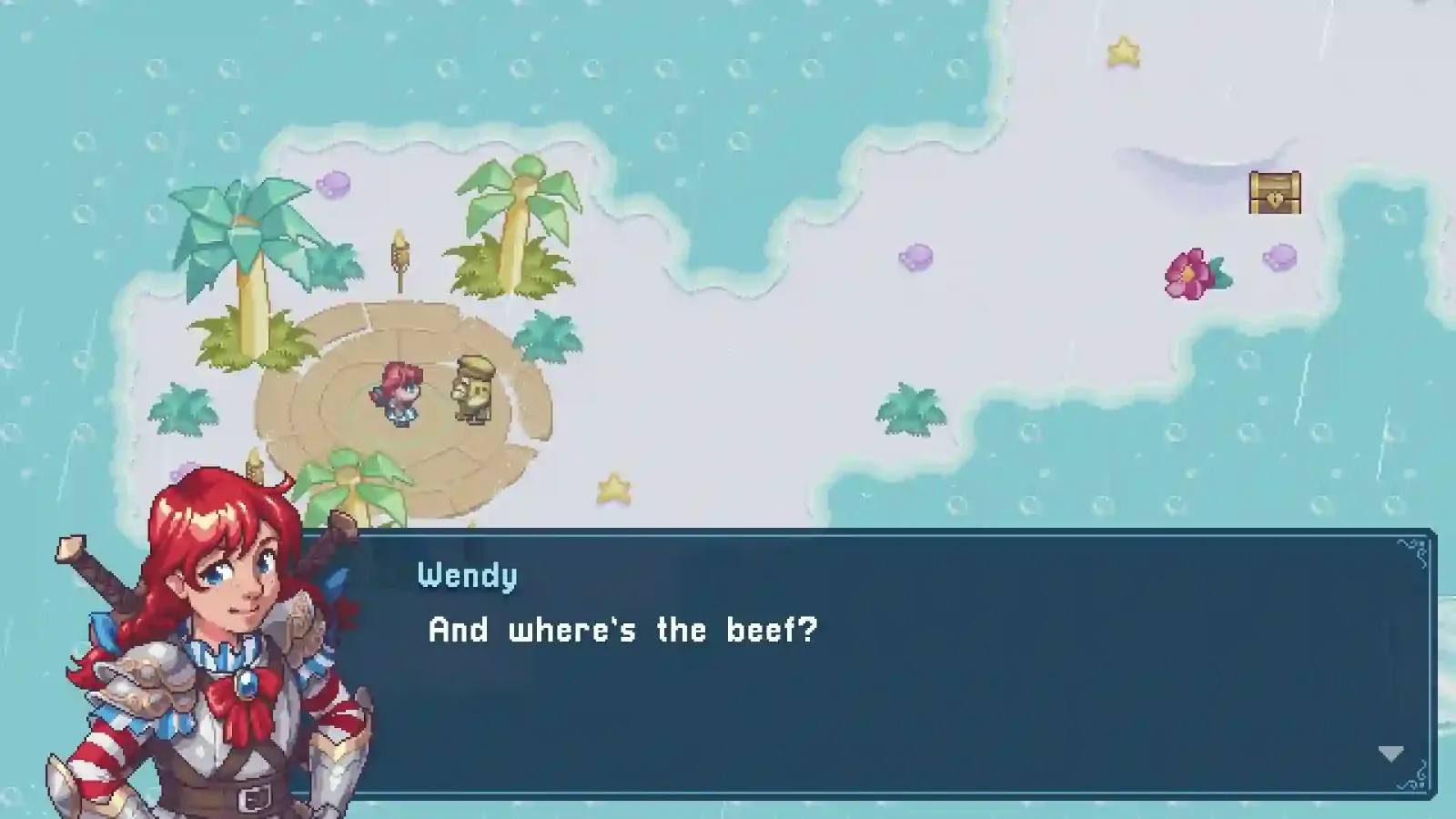 Wendy pregunta dónde está la carne en un diálogo de WendyQuest