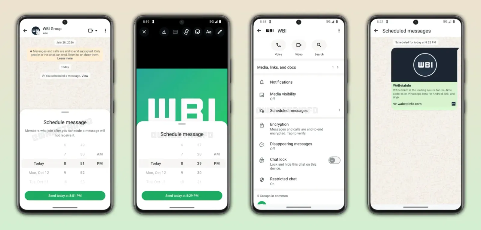 Imagen de WaBetaInfo que muestra cómo funcionarán los mensajes programados en WhatsApp Android