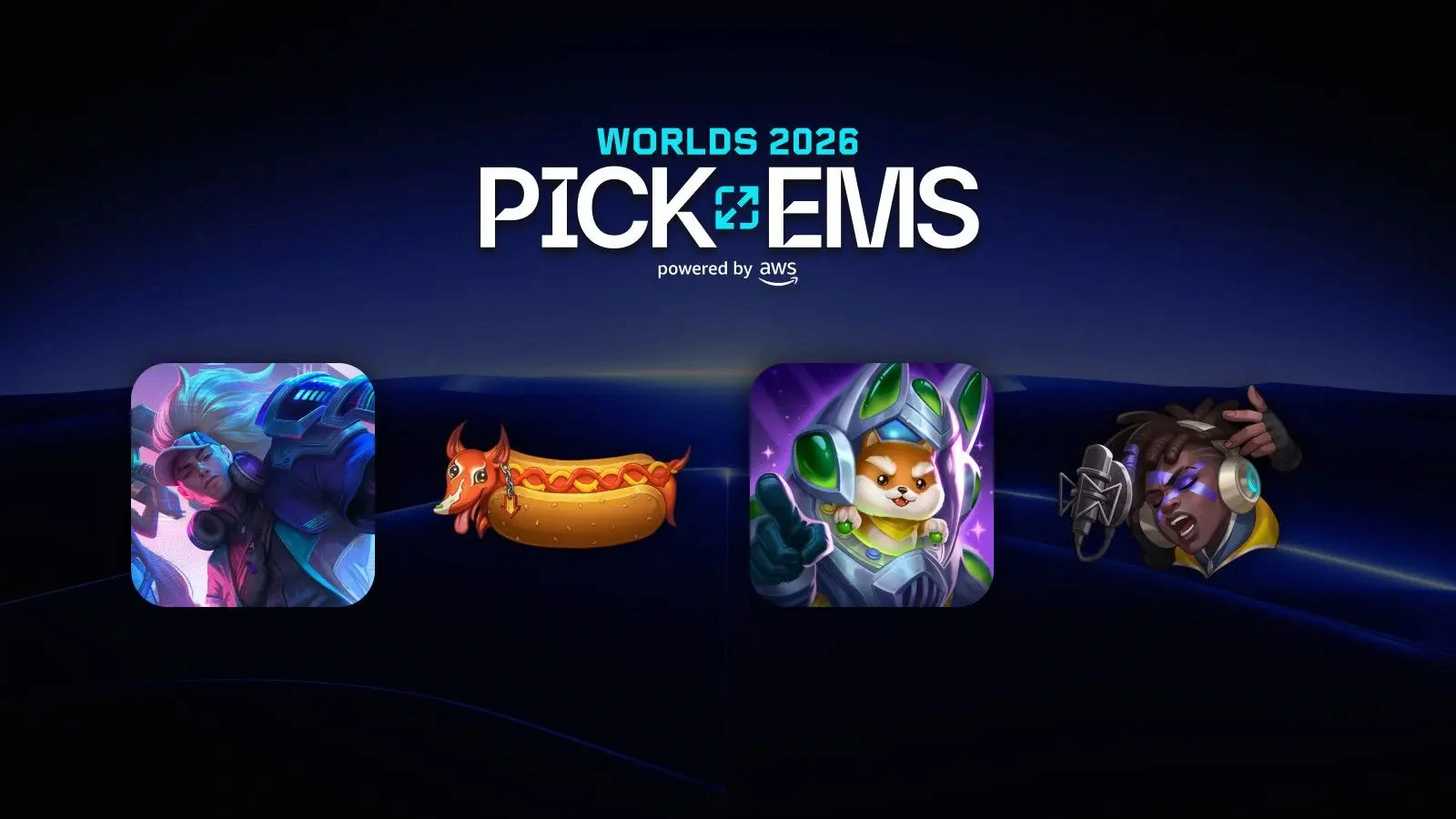 Placa oficial de los Pick'Ems de Worlds 2026 con algunas de sus recompensas, entre ellas el emote de hot dog y el emote de Ekko True Damage