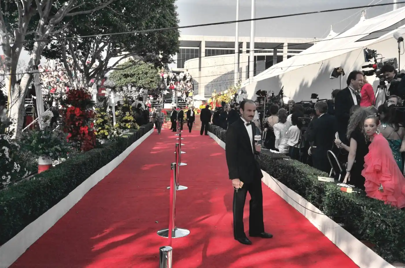 Alfombra roja de la ceremonia de los premios Oscar, con invitados y fotógrafos a los costados