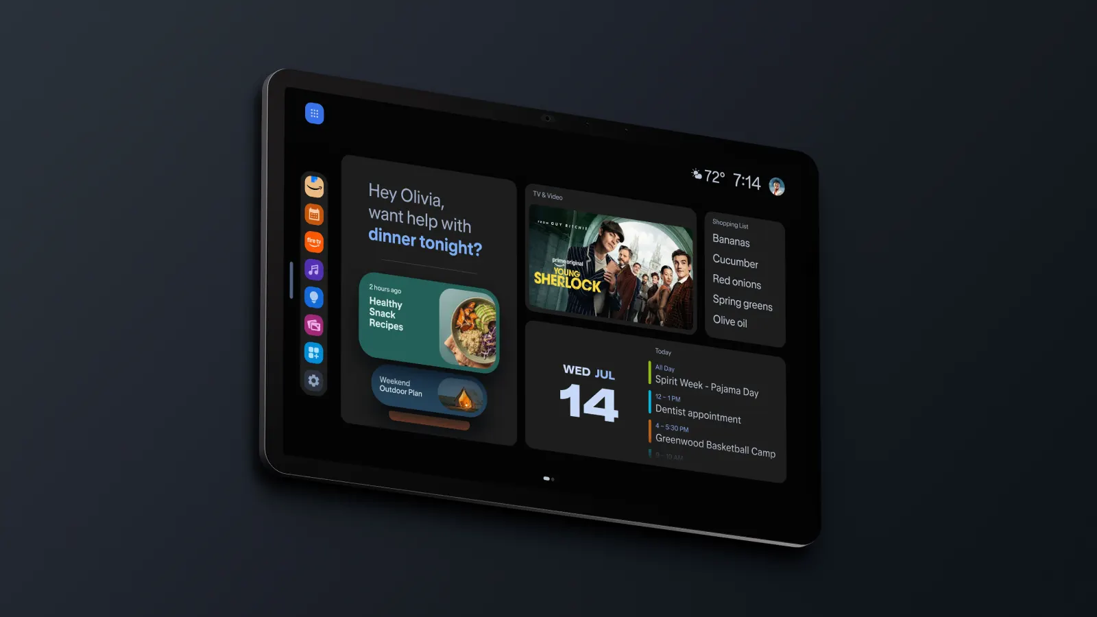Pantalla del Amazon Echo Show 16 con widgets de recetas, calendario y una serie