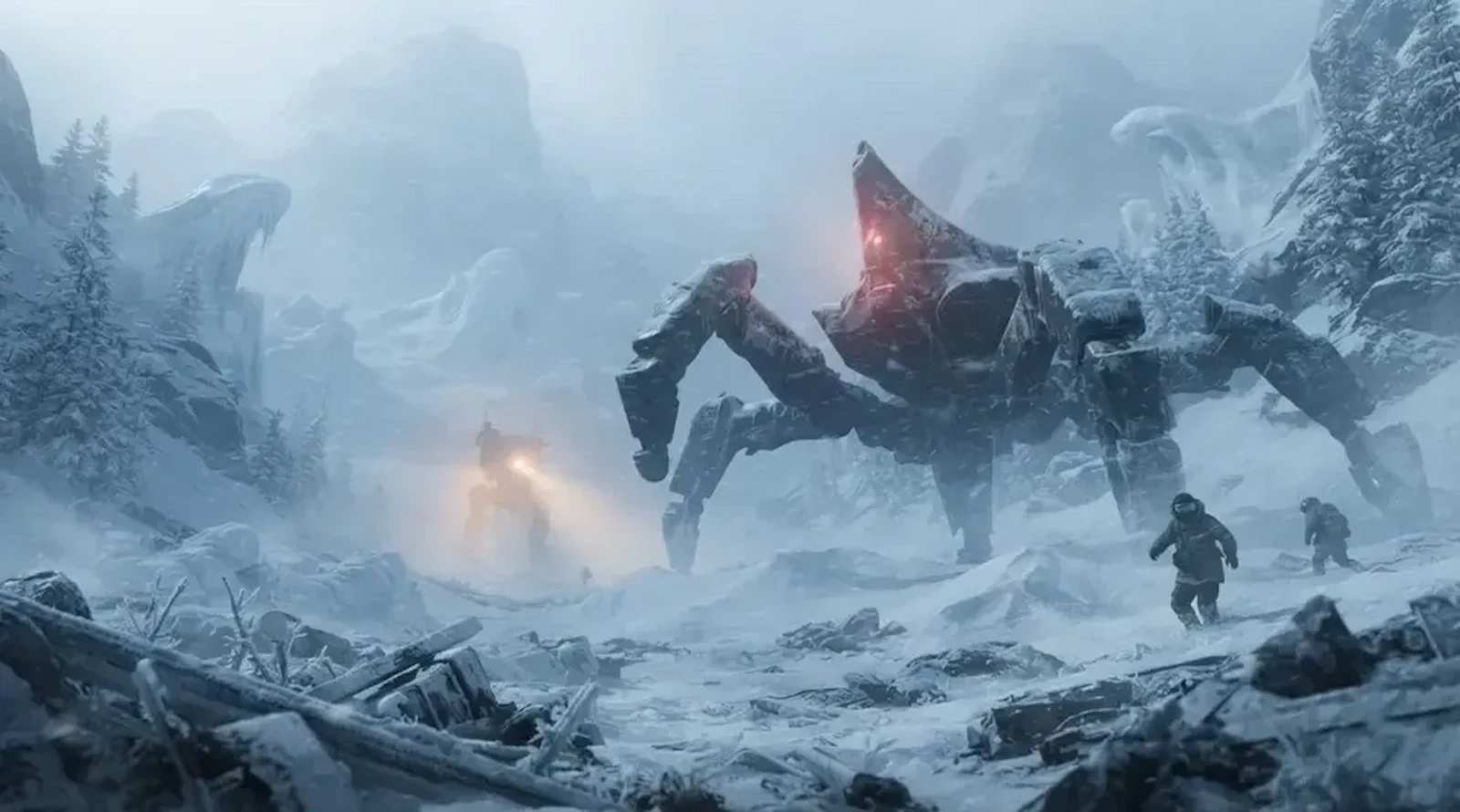 Arte de Arc Raiders: dos raiders avanzan por la nieve frente a un ARC gigante