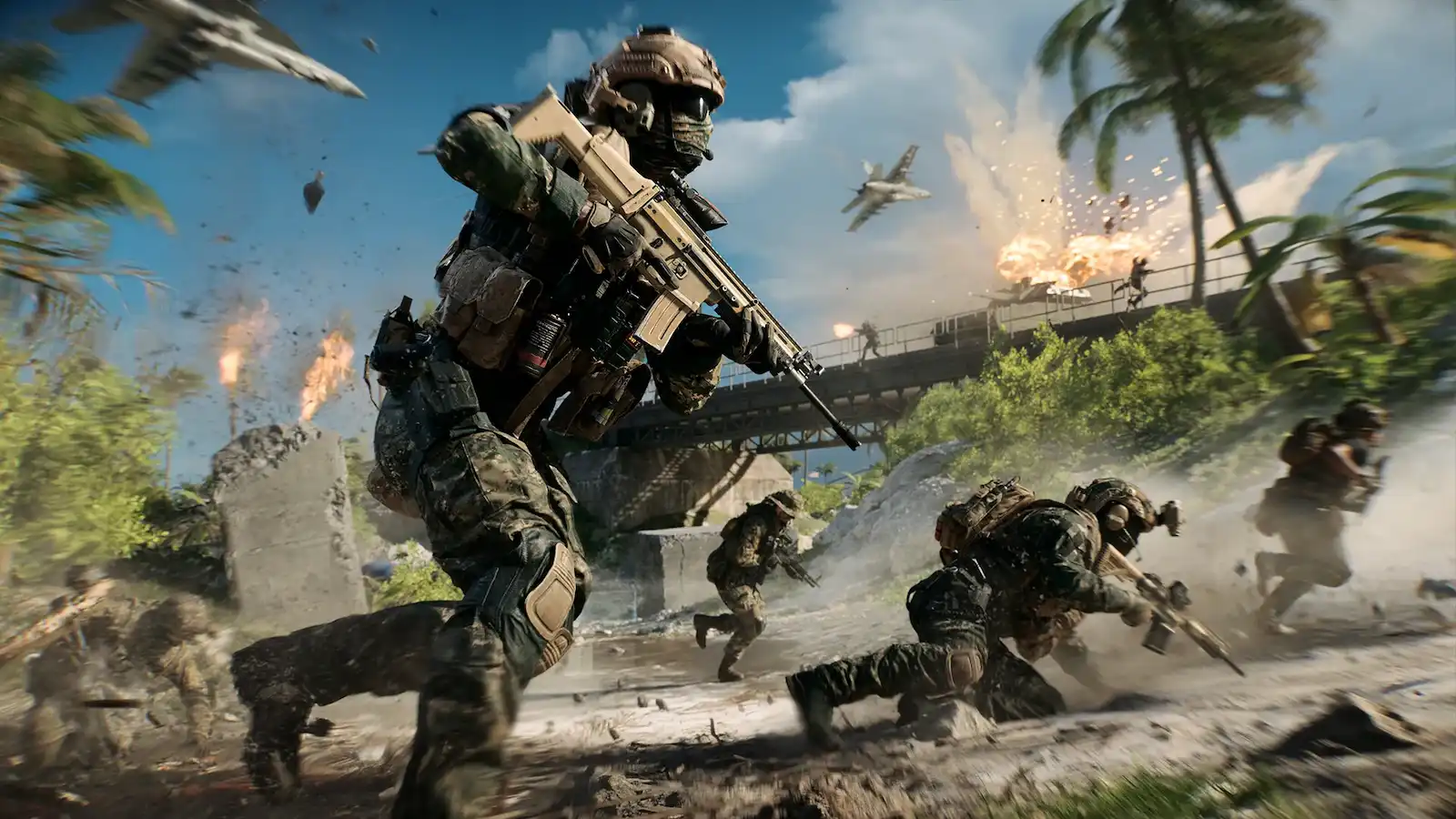 Soldados en combate en una playa tropical con aviones de fondo, arte oficial de la saga Battlefield