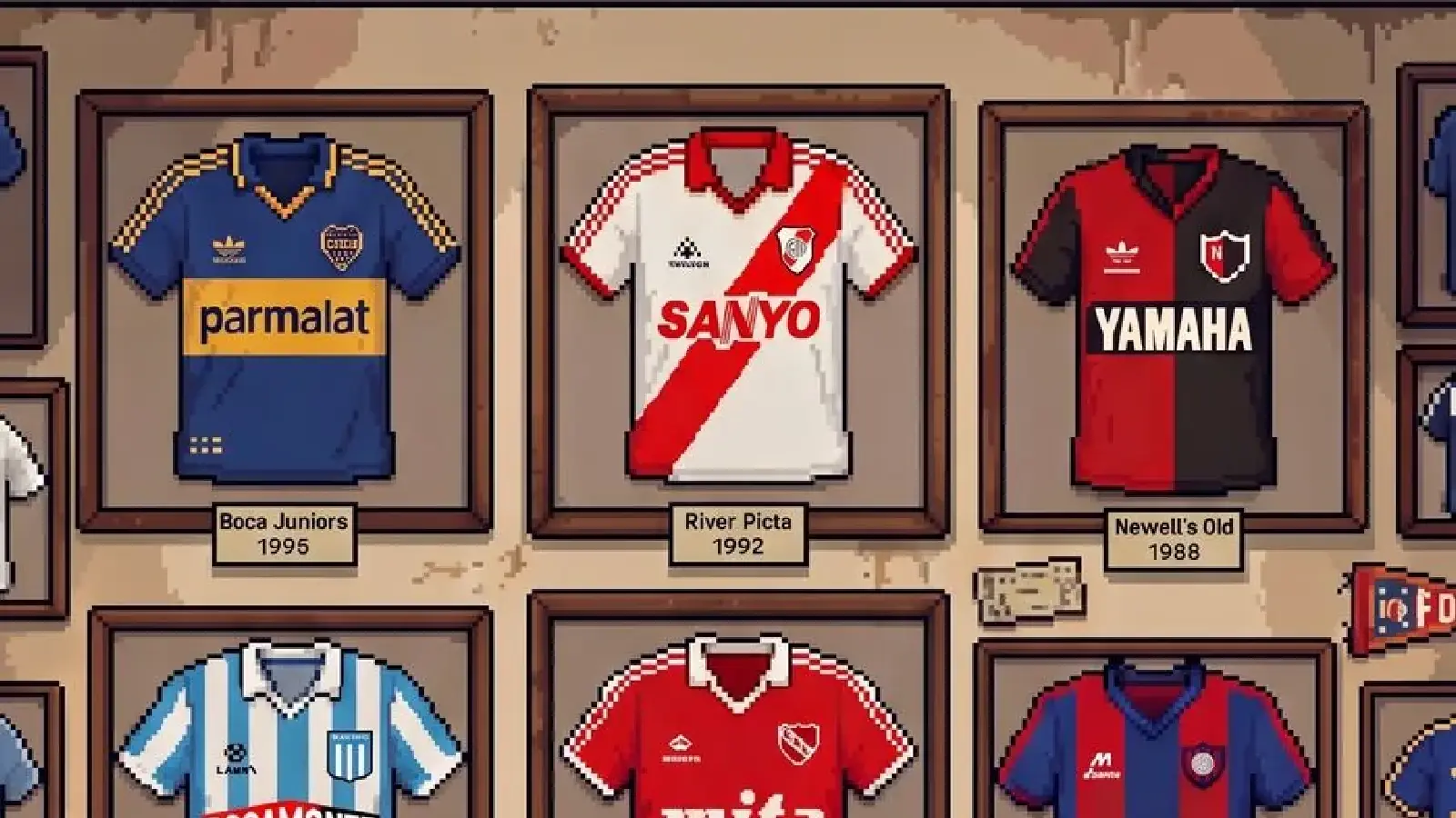Pared con camisetas históricas del fútbol argentino en pixel art, del juego Buscando a San Diego