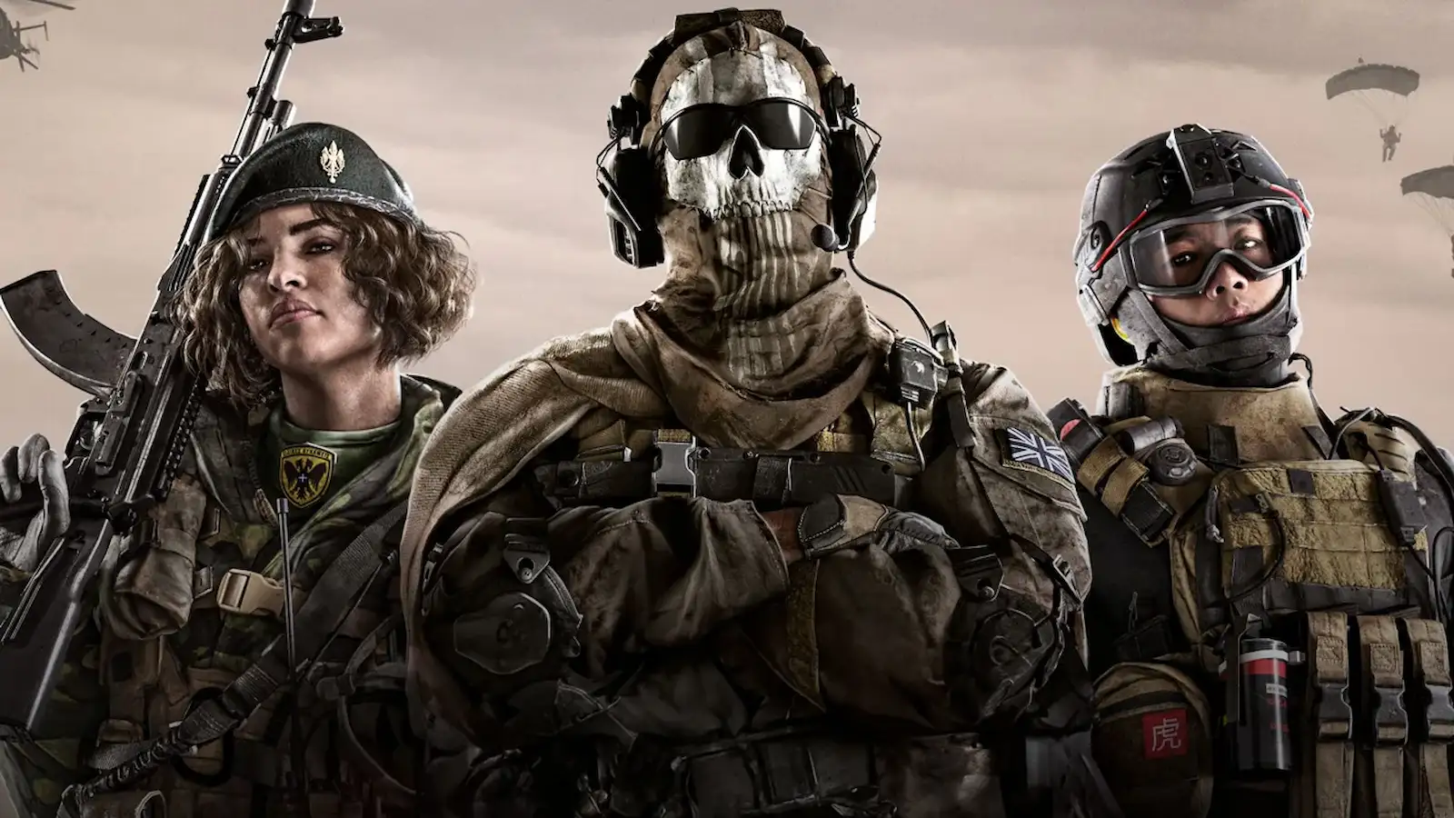 Tres operadores de Call of Duty con equipo militar, con Ghost en el centro
