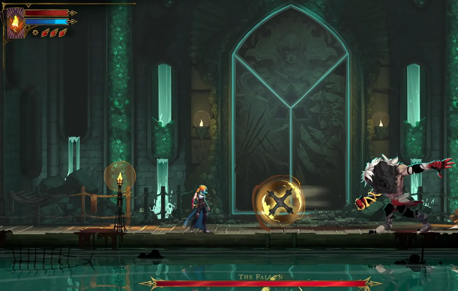 The Fallen lanza su cruz giratoria hacia Rose Belmont en Castlevania: Belmont's Curse