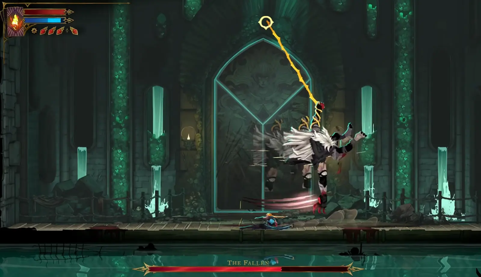 The Fallen colgado de un gancho del techo con su látigo mientras Rose Belmont se desliza por debajo, en Castlevania: Belmont's Curse