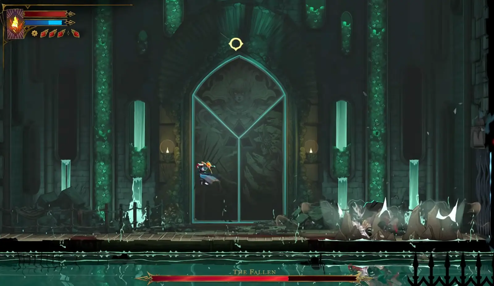 Rose Belmont salta mientras The Fallen cae sobre el extremo derecho de la sala en Castlevania: Belmont's Curse