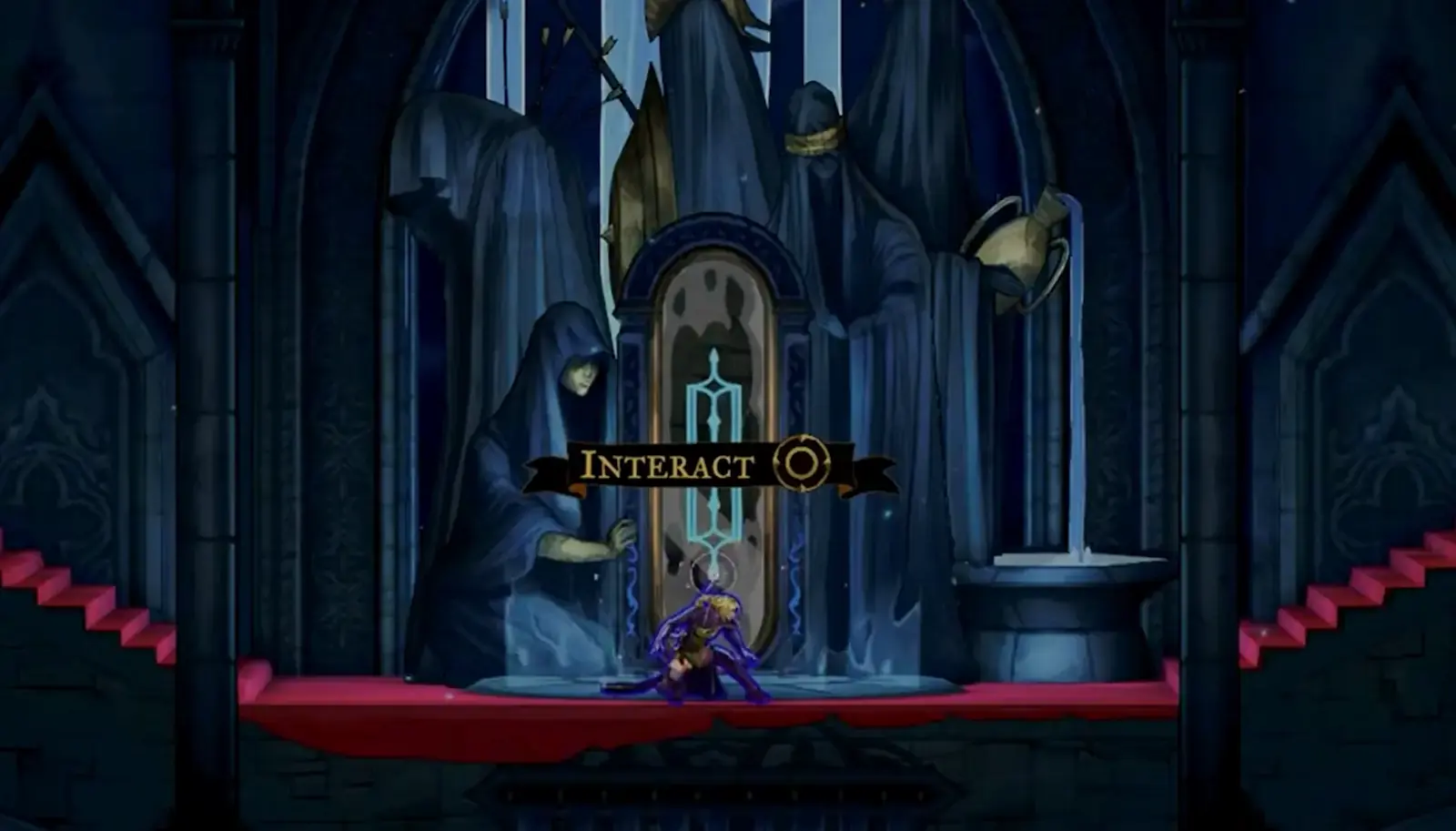 Rose Belmont agachada frente a un Espejo de la Vida en Castlevania: Belmont's Curse